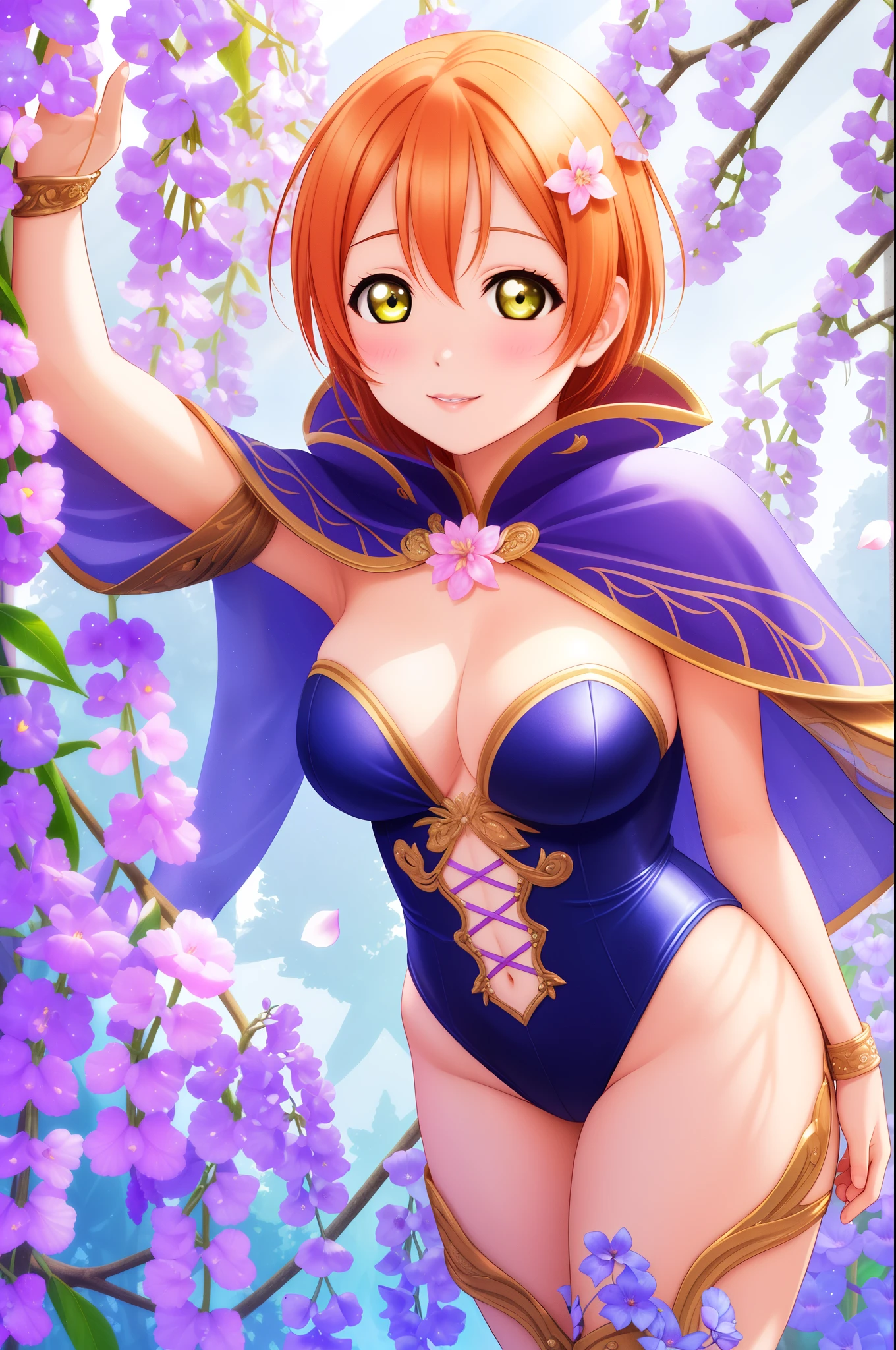(best quality,4k,8k,highres,masterpiece:1.2),ultra-detailed,(realistic,photorealistic,photo-realistic:1.37),Hoshizora Rin,yellow eyes, orange hair, solo,strapless leotard,big breasts,beautiful detailed eyes,beautiful detailed lips,extremely detailed eyes and face,longeyelashes,pink blush,looking at viewer,body proportions,cute expression,standing pose,sexy smile,soft colors,feminine,charming,wisteria flowers,cape,glowing light,flower petals, breezy environment,Lovely,HDR,UHD,vivid colors