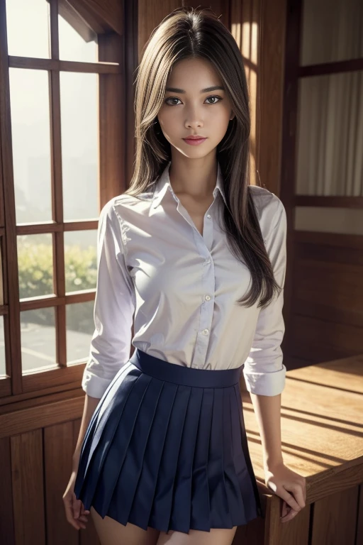 (masterpiece:1.2, top-quality), (realistic, photorealistic:1.4), beautiful illustration, (natural side lighting, movie lighting), nsfw,
looking at viewer, 1 girl, japanese, high school girl, perfect face, cute and symmetrical face, shiny skin,
(long hair:1.5, straight hair:1.4, grey hair), hair between eyes, purple eyes, glowing eyes, big eyes, long eye lasher, (medium breasts), slender,
beautiful hair, beautiful face, beautiful detailed eyes, beautiful clavicle, beautiful body, beautiful chest, beautiful thigh, beautiful legs, beautiful fingers,
((JP , white collared shirts, navy pleated mini skirt)),
(beautiful scenery), evening, (school),, standing, (lovely smile, upper eyes),