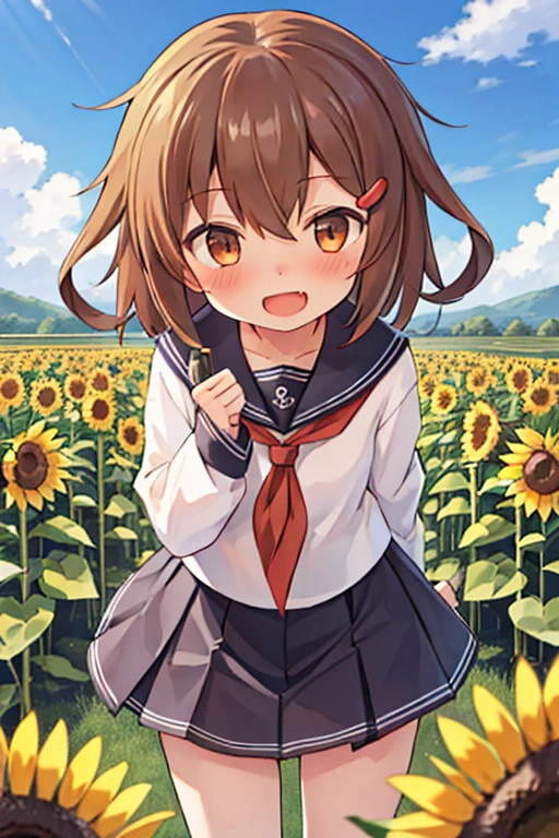 masterpiece, highest quality, High resolution, One girl, ikazuchi_kantaicollection Brown_hair, short_hair, hairclip, hair_ornament, Brown_eye, serafuku, tooth, Open_mouth, smile, blush,Sunflower Garden,