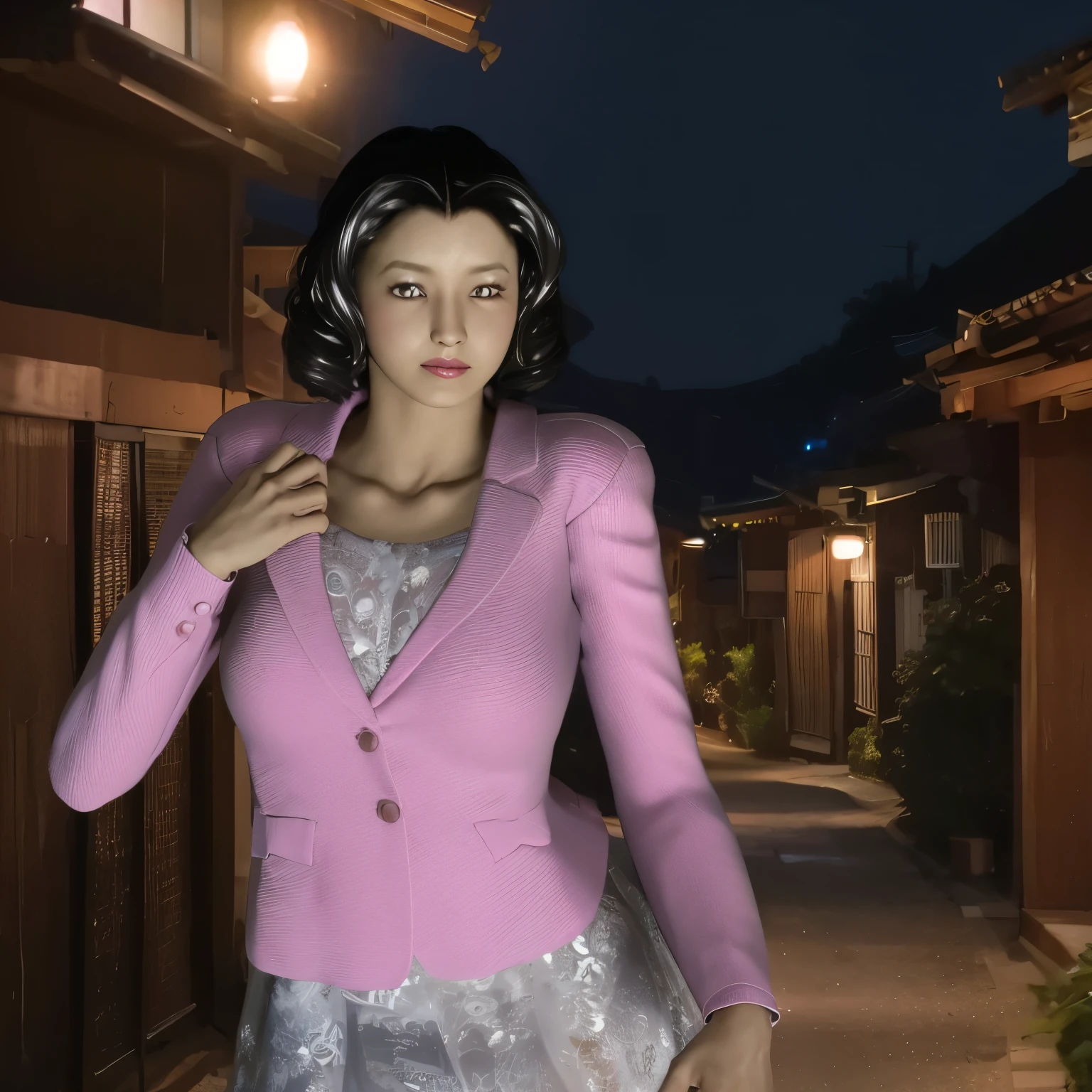 (8k, highest quality, masterpiece:1.2), (Realistic, photo-Realistic:1.37), Very detailed,highest quality, Ultra-high resolution, Professional Lighting, Photon Mapping, Radio City, Physically Based Rendering, Cinema Lighting, Late night roads,Written boundary depth, Sharp focus,Street lamp light、Good composition,(Bokeh:1.2) 1 girl,alone,(whole body), (Mouth closed),Beautiful Eyes,Beautiful thighs、 Temporarily stop, Tight waist,Japanese women, Black Hair,Messy Hair,Hair blowing in the wind,(Ulzzang-6500:1.2) Mix 4, 25-year-old female、