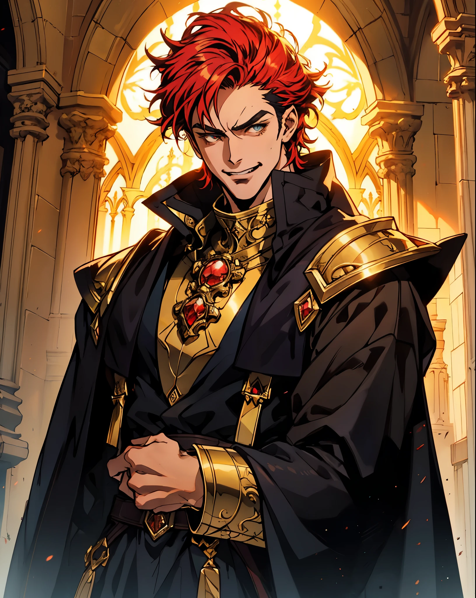 A man with exaggerated orange-red spike-like hair, thick eyebrows, droopy eyelids, fair skin, a cheerful smile, a dramatic fantasy-style black robe coat with a thick gold collar, exaggerated golden pointed shoulder pads, intricate gold patterns, a magnificent blue-black undershirt, half-body portrait, the backdrop of a splendid fantasy-style cathedral, this character embodies a finely crafted fantasy-style aristocrat in anime style, exquisite and mature manga art style, high definition, best quality, highres, ultra-detailed, ultra-fine painting, extremely delicate, professional, perfect body proportions, golden ratio, anatomically correct, symmetrical face, extremely detailed eyes and face, high quality eyes, creativity, RAW photo, UHD, 32k, Natural light, cinematic lighting, masterpiece-anatomy-perfect, masterpiece:1.5
