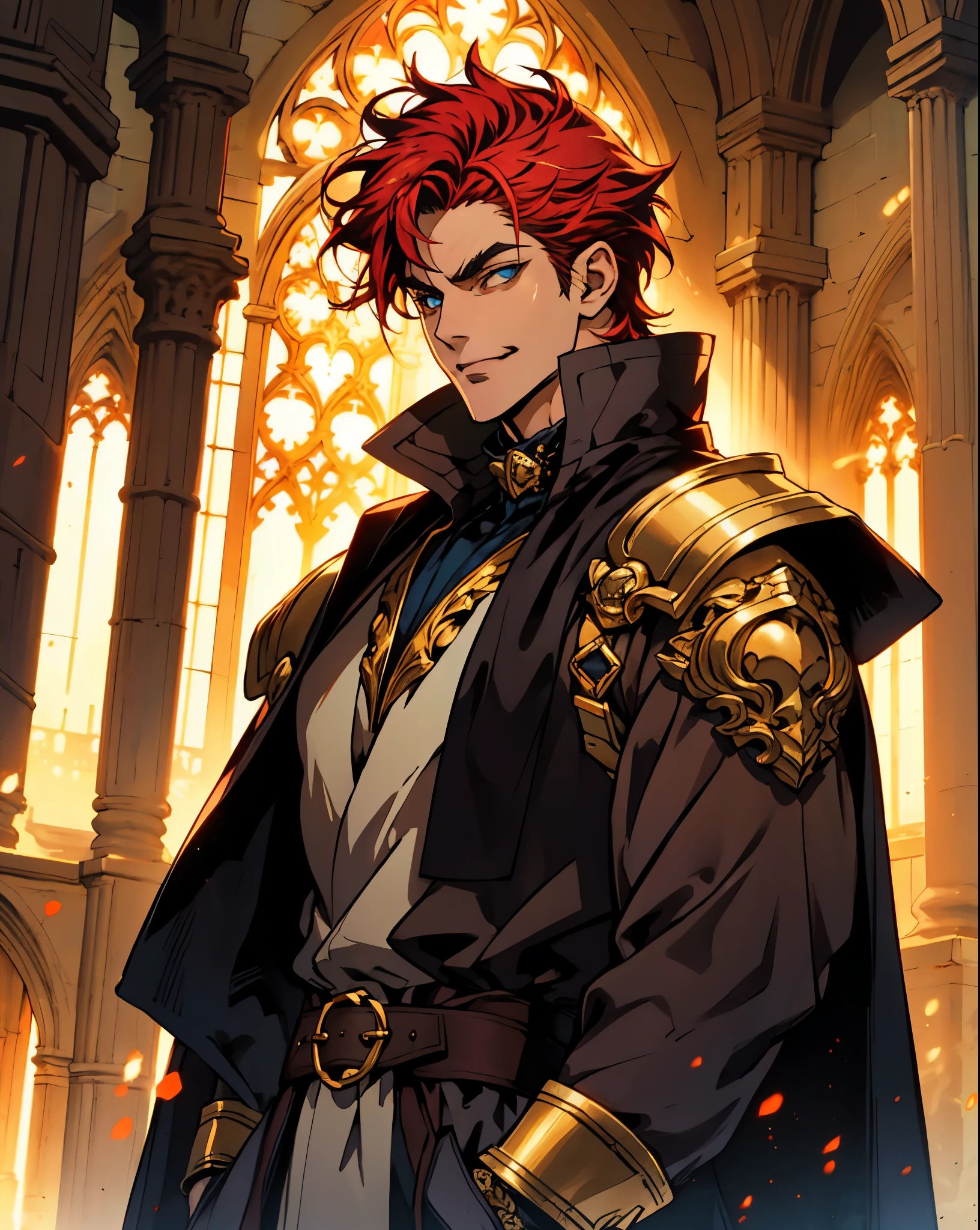 A man with exaggerated orange-red spike-like hair, thick eyebrows, droopy eyelids, fair skin, a cheerful smile, a dramatic fantasy-style black robe coat with a thick gold collar, exaggerated golden pointed shoulder pads, intricate gold patterns, a magnificent blue-black undershirt, half-body portrait, the backdrop of a splendid fantasy-style cathedral, this character embodies a finely crafted fantasy-style aristocrat in anime style, exquisite and mature manga art style, high definition, best quality, highres, ultra-detailed, ultra-fine painting, extremely delicate, professional, perfect body proportions, golden ratio, anatomically correct, symmetrical face, extremely detailed eyes and face, high quality eyes, creativity, RAW photo, UHD, 32k, Natural light, cinematic lighting, masterpiece-anatomy-perfect, masterpiece:1.5
