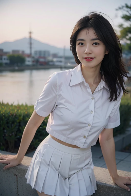 (masterpiece:1.2, top-quality), (realistic, photorealistic:1.4), beautiful illustration, (natural side lighting, movie lighting), nsfw,
looking at viewer, 1 girl, japanese, high school girl, perfect face, cute and symmetrical face, shiny skin,
(long hair:1.5, straight hair:1.4, grey hair), hair between eyes, purple eyes, glowing eyes, big eyes, long eye lasher, (medium breasts), slender,
beautiful hair, beautiful face, beautiful detailed eyes, beautiful clavicle, beautiful body, beautiful chest, beautiful thigh, beautiful legs, beautiful fingers,
((JP , white collared shirts, navy pleated mini skirt)),
(beautiful scenery), evening, (school),, standing, (lovely smile, upper eyes),
