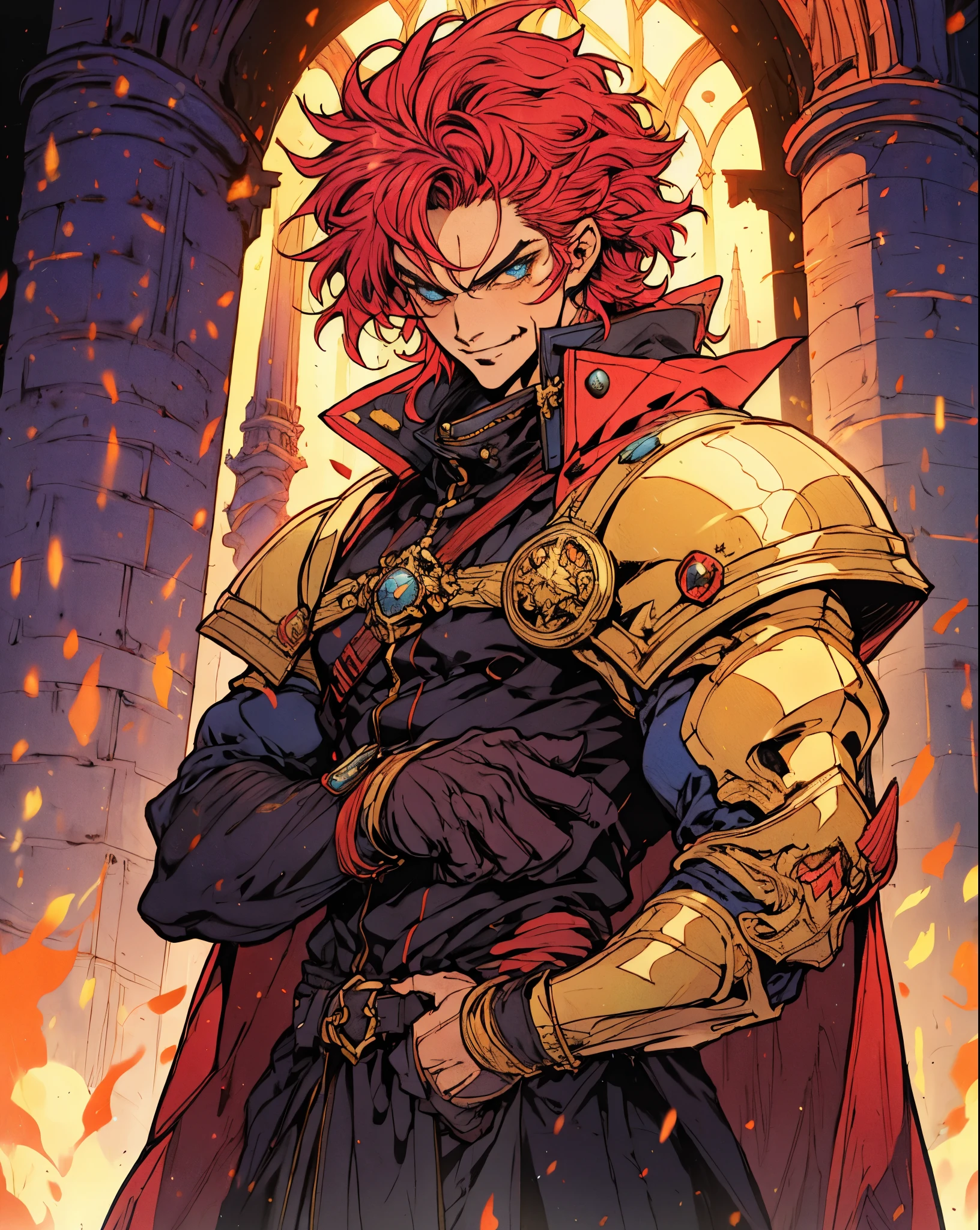 A man with exaggerated orange-red spike-like hair, thick eyebrows, droopy eyelids, fair skin, a cheerful smile, a dramatic fantasy-style black robe coat with a thick gold collar, exaggerated golden pointed shoulder pads, intricate gold patterns, a magnificent blue-black undershirt, half-body portrait, the backdrop of a splendid fantasy-style cathedral, this character embodies a finely crafted fantasy-style aristocrat in anime style, exquisite and mature manga art style, high definition, best quality, highres, ultra-detailed, ultra-fine painting, extremely delicate, professional, perfect body proportions, golden ratio, anatomically correct, symmetrical face, extremely detailed eyes and face, high quality eyes, creativity, RAW photo, UHD, 32k, Natural light, cinematic lighting, masterpiece-anatomy-perfect, masterpiece:1.5