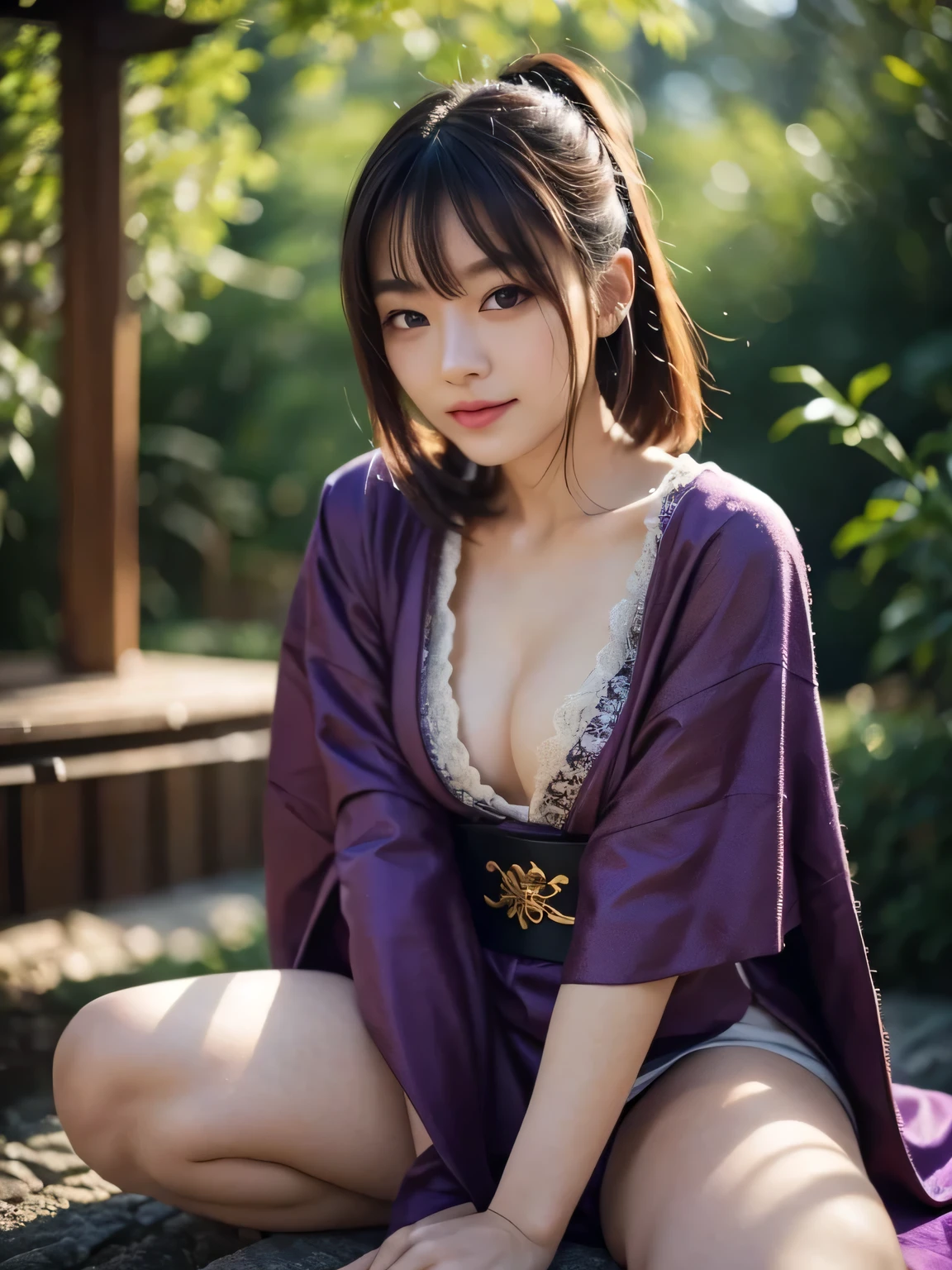 RAW Photos, 8K Portrait, Genuine, masterpiece, highest quality, Very detailed, very saturated, Samurai Girl, The body is slim, One Girl, Sit with your legs together, put your knees together, arms, sword, Medium Bob, one hand holding sword, sword grip, Arm guard, Smiling at the camera, Put your hair up, Floating Hair, Beautiful 25 year old Japanese woman, Pale skin, double eyelid, Wearing a black and purple ninja outfit, kimono, Hanfu, battle, Ninja silhouette, Plump cleavage, Action-packed, Forest Background, Intricate facial details, Exquisite handcrafted details