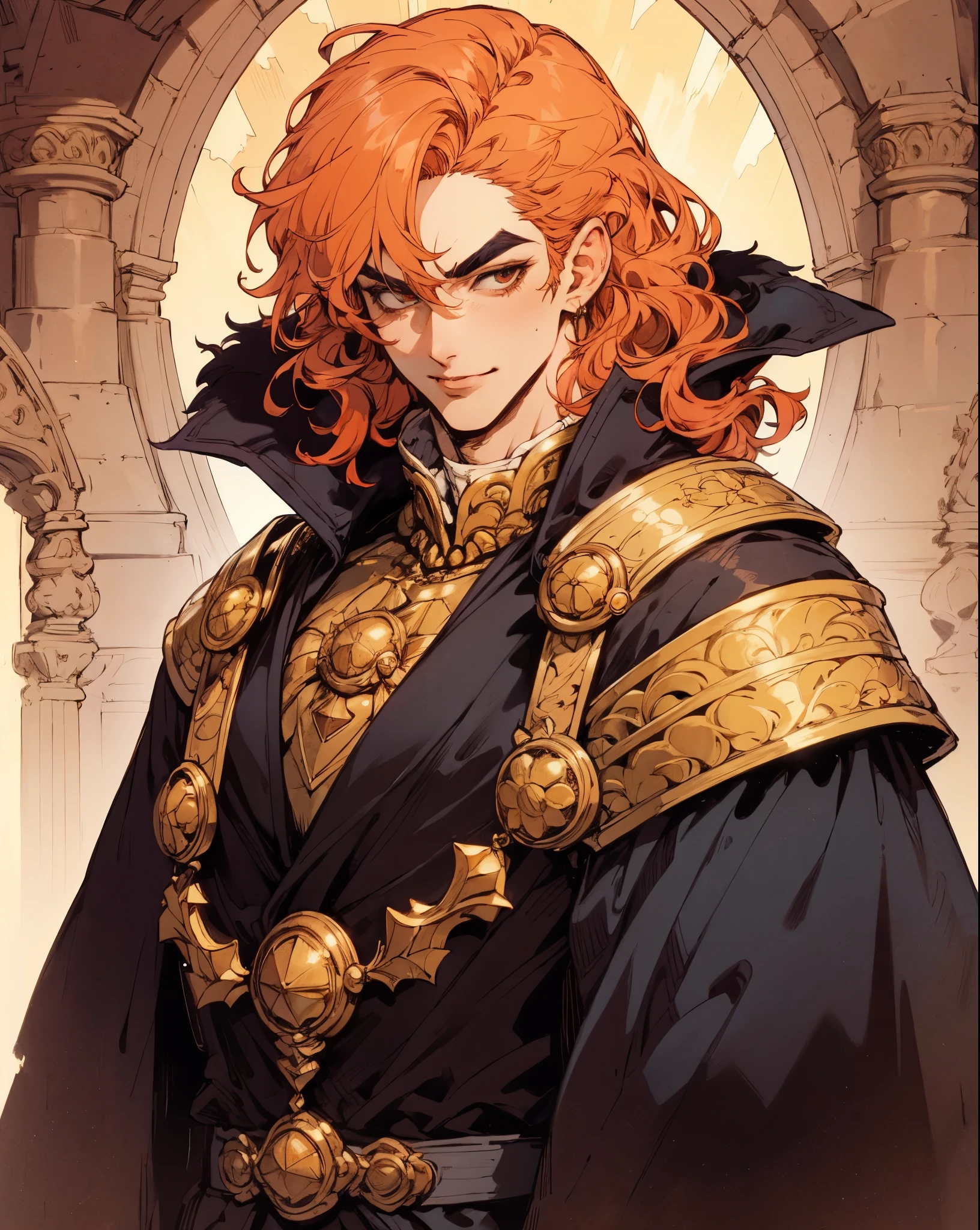 A man with exaggerated orange-red spike-like hair, thick eyebrows, droopy eyelids, fair skin, a cheerful smile, a dramatic fantasy-style black robe coat with a thick gold collar, exaggerated golden pointed shoulder pads, intricate gold patterns, a magnificent blue-black undershirt, half-body portrait, the backdrop of a splendid fantasy-style cathedral, this character embodies a finely crafted fantasy-style aristocrat in anime style, exquisite and mature manga art style, high definition, best quality, highres, ultra-detailed, ultra-fine painting, extremely delicate, professional, perfect body proportions, golden ratio, anatomically correct, symmetrical face, extremely detailed eyes and face, high quality eyes, creativity, RAW photo, UHD, 32k, Natural light, cinematic lighting, masterpiece-anatomy-perfect, masterpiece:1.5