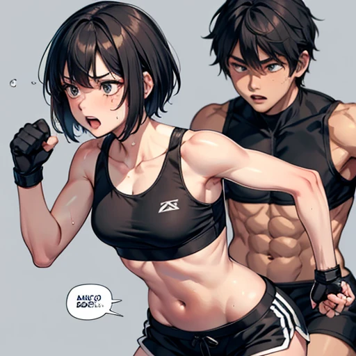 Cute slender high school girl, mixed martial arts match with female athlete in ring, exhausted, listless expression, sweaty, open mouth, out of breath, very wispy muscle muscles, short dark hair, small breasts, sports bra, high leg shorts, open finger gloves