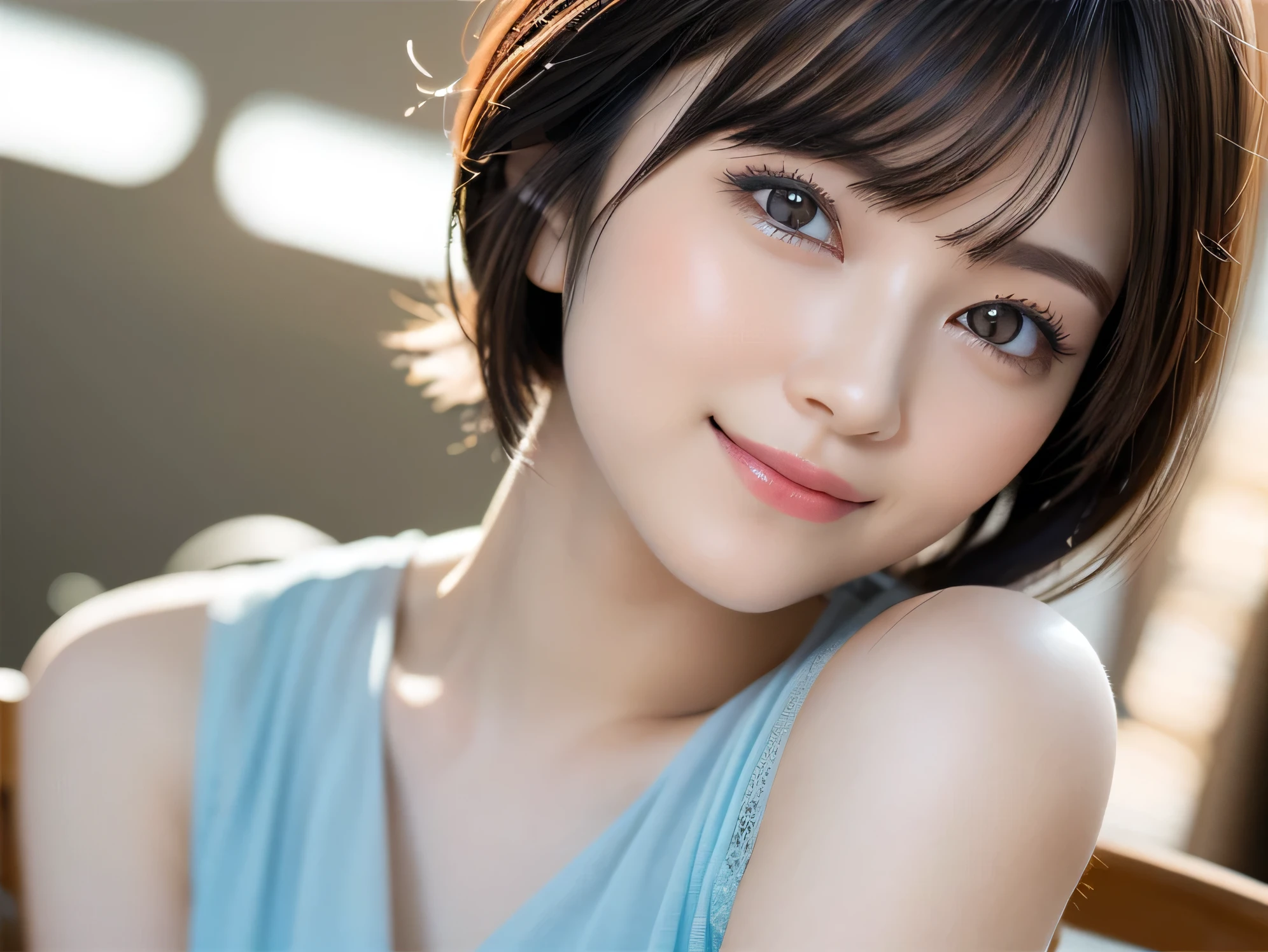 Tabletop, highest quality, profile, Very detailed, finely, High resolution, 8k wallpaper, Dynamic composition, Beautiful and detailed, Summer Fashion,Random Cute Hairstyles, Small breasts, Natural color lip, Random Idol Pose,Cute Smile,20-year-old girl、Beautiful and elaborate face、Perfect and beautiful face,Big eyes、Beautiful and elaborate face、Perfect and beautiful double eyelids、Blur the background、Perfect and beautiful face、Feminine poses、Blur the background、Slim face and figure、Blur the background、Facial Light、Bright lighting、Professional Lighting、Forward lighting、A kind smile、Model pose、Beautiful clavicle、Beautiful cleavage、