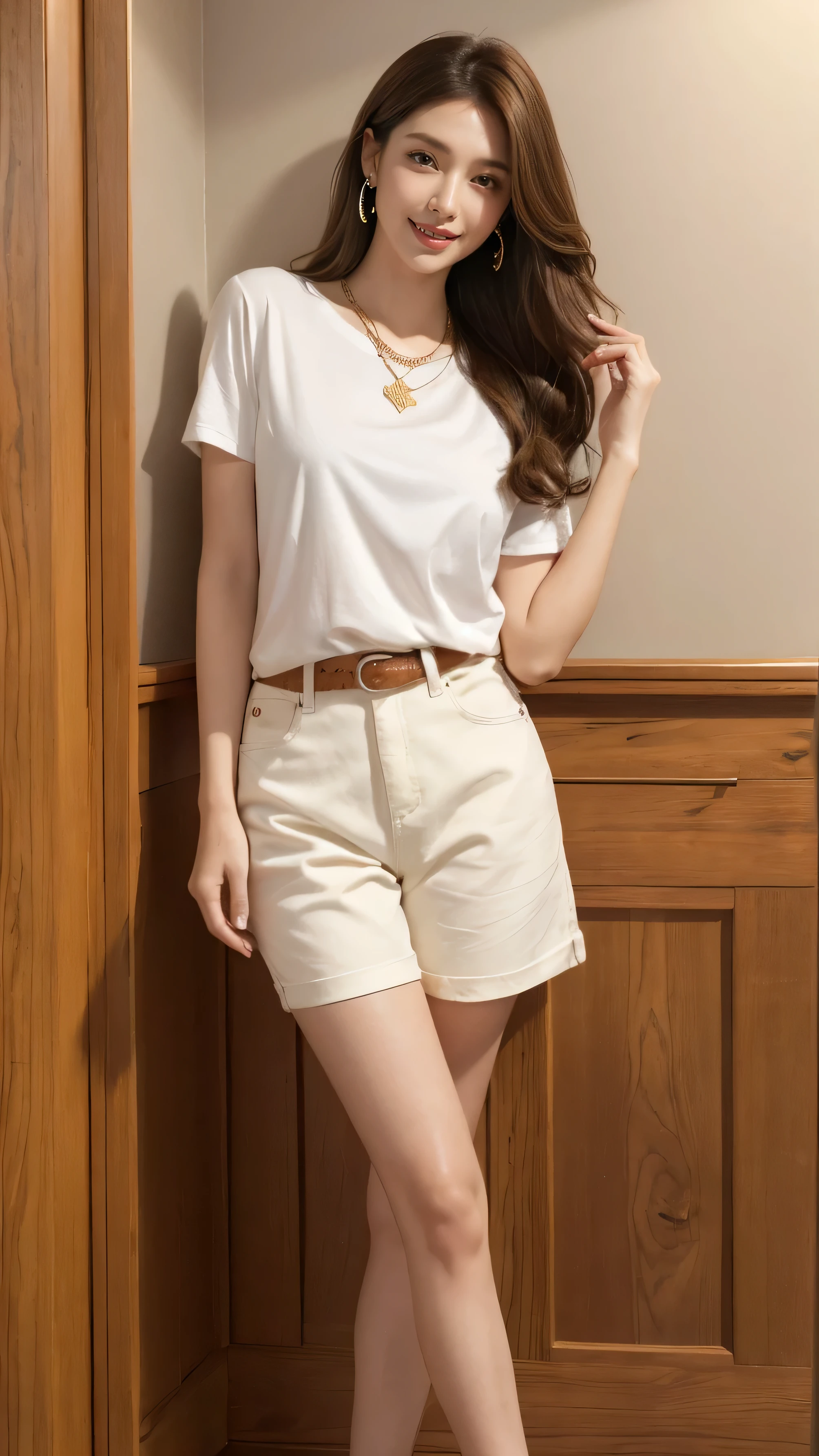 Shirts best quality,masterpiece,Ultra-high resolution,(Actual:1.4),Original photo,Ultra-high resolution，8k，There are also women，Fair skin，Exquisite makeup，White high heels，Long legs，Bright and beautiful、Loosely inward wavy hair,Extra long brown hair_Hair reaching down to the waist,A shy smile、gold luxury necklace＿Large earrings,White short-sleeved T-shirt、Worn out Levi&#39;s jeans、Western Boots、Baseball cap、At the baseball stadium((A shy smile:1.3)),Standing gracefully、Many customers in the background