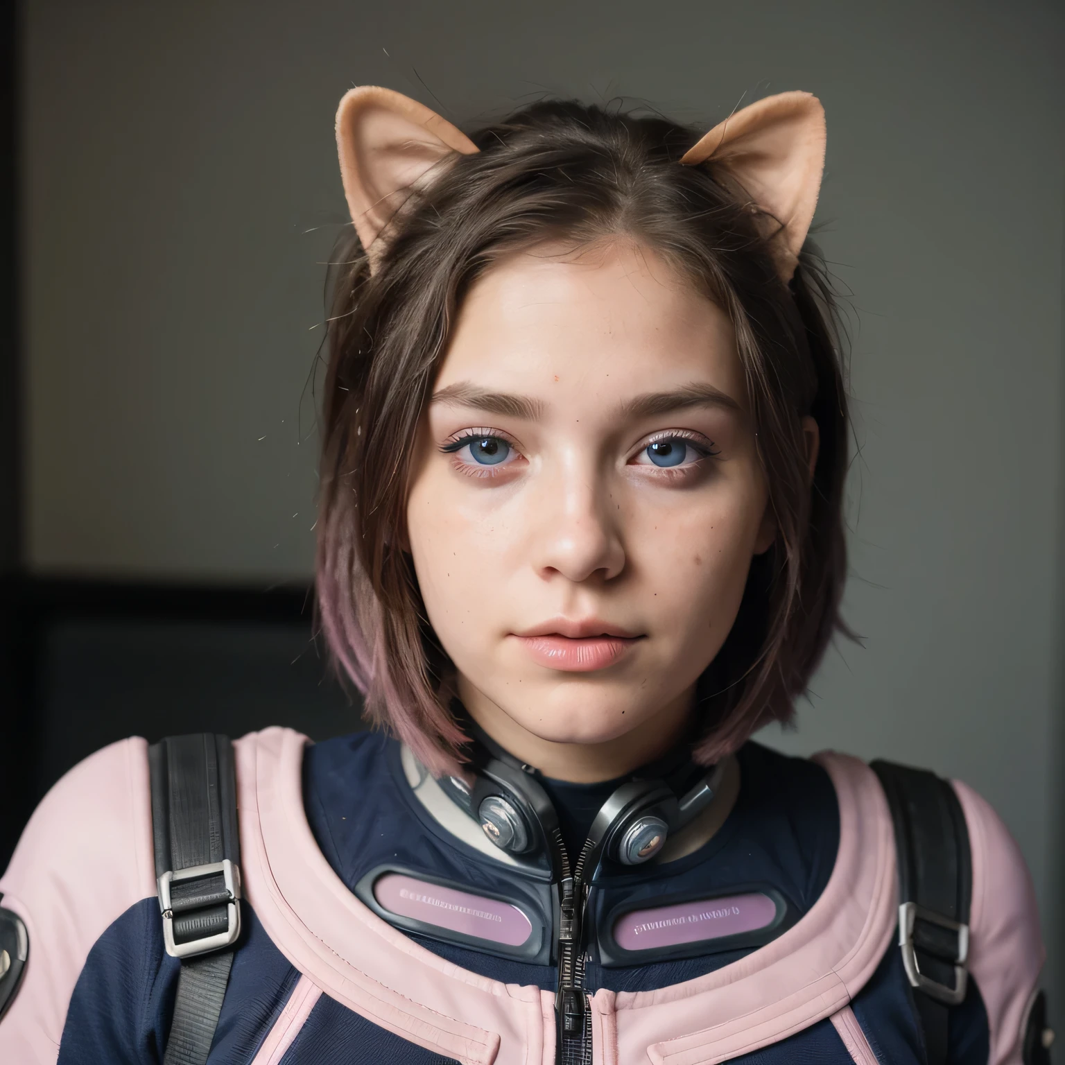 photo of a college student, Purple-Pink Gradient, futuristic space suit, (freckles:0.8) cute face, sci-fi, dystopian, detailed eyes, Heterochromia eyes((Side view))Back Room