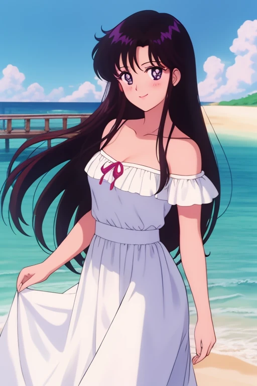 1990s \(style\), masterpiece, best quality, highres, outdoors, small breasts, 1 girl, Solo, Rei Hino, Purple Eyes, Beautiful Detail Eyes, Long Black Hair, Straight Hair, Good hands are down, Smile, Blushing, Bare Neck, Bare Shoulders, strapless, White Ruffle Off-the-Shoulder maxi dress. Cowboy shot. A landscape of blue skies, an ocean with a beach. In the center. On the dock.