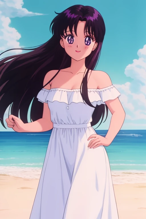 1990s \(style\), masterpiece, best quality, highres, outdoors, small breasts, 1 girl, Solo, Rei Hino, Purple Eyes, Beautiful Detail Eyes, Long Black Hair, Straight Hair, Good hands are down, Smile, Blushing, Bare Neck, Bare Shoulders, strapless, White Ruffle Off-the-Shoulder maxi dress. Cowboy shot. A landscape of blue skies, an ocean with a beach. In the center. On the dock.