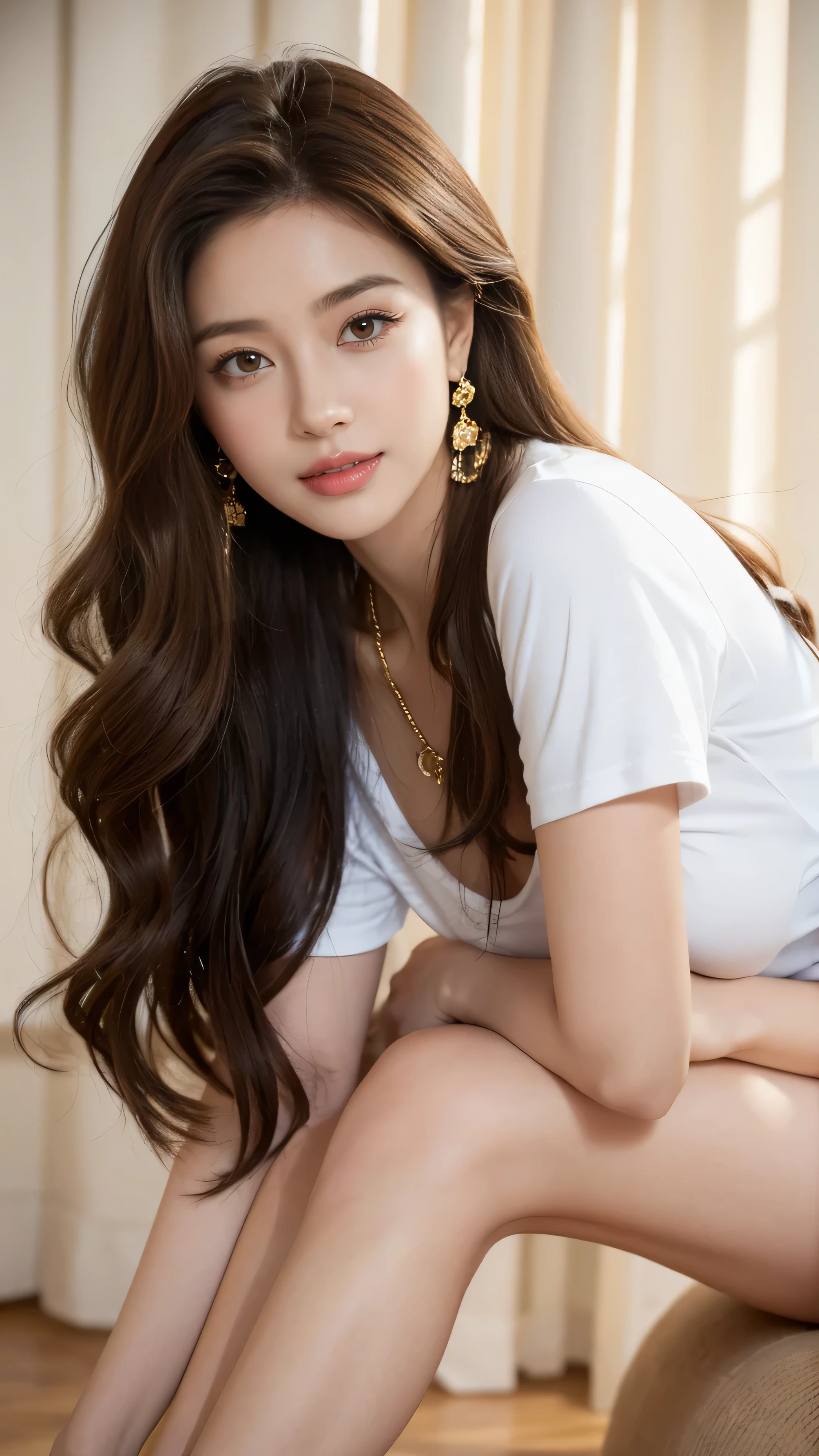 highest quality,masterpiece,Ultra-high resolution,(Actual:1.4),Original photo,Ultra-high resolution,8k,There are also women,Fair skin,Exquisite makeup,White high heels,Long legs,Bright and beautiful、Loosely inward wavy hair,Extra long brown hair_Hair reaching down to the waist,A shy smile、gold luxury necklace_Large earrings,White short-sleeved T-shirt、Worn out Levi's jeans、Western Boots、Baseball cap、At the baseball stadium((A shy smile:1.3)),Standing gracefully、Many customers in the background