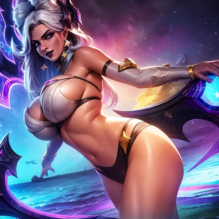 Melhor qualidade, super detalhe, obra de arte, Ultra HD, 8k, 1 garota, concentre-se na garota, seminua, underwear, calcinha molhada, calcinha pegajosa, Bikini, Star Nemesis Morgana, League of Legends, look sexy, calcinha curta, na praia.