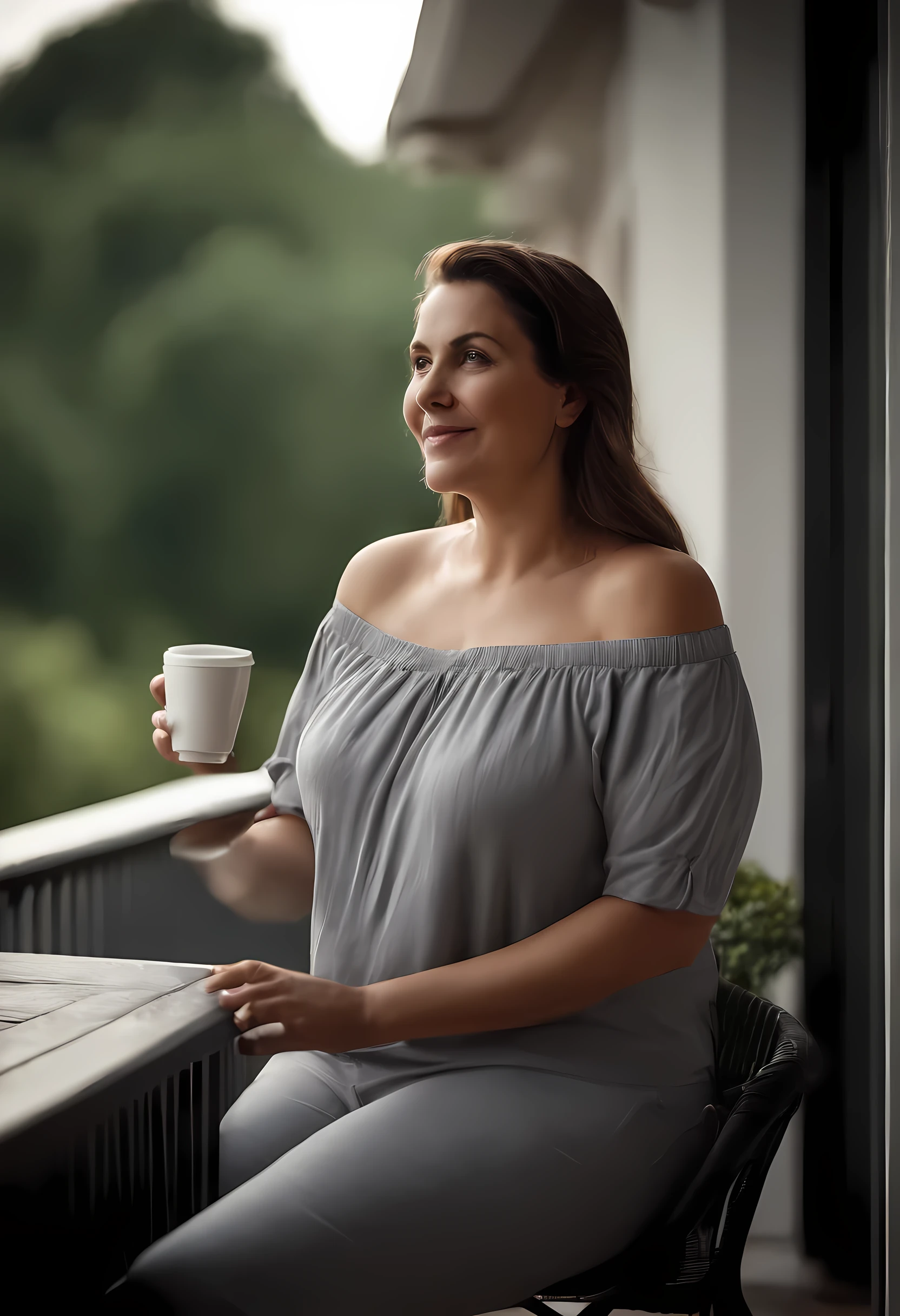 a 40 year old chubby mother. wearing casual gray off-the-shoulder clothes, sitting on the terrace enjoying a cup of coffee in the morning, facing the front of the house looking at the people around. The lighting in the picture looks soft and natural.