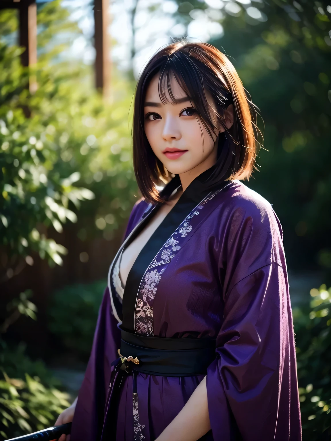 RAW photo, 8K portrait, authentic, masterpiece, best quality, highly detailed, highly saturated, samurai girl, slim body, one girl, female ninja looking back, weapon, sword, medium bob, one hand holding sword, sword grip, arm guard, smiling looking at camera, brushing hair back, light makeup, floating hair, beautiful 25 year old Japanese woman, pale skin, double eyelids, wearing black and purple ninja outfit, kimono, hanfu, combat, ninja silhouette, plump cleavage, action packed, forest background, intricate facial details, intricate handcrafted details