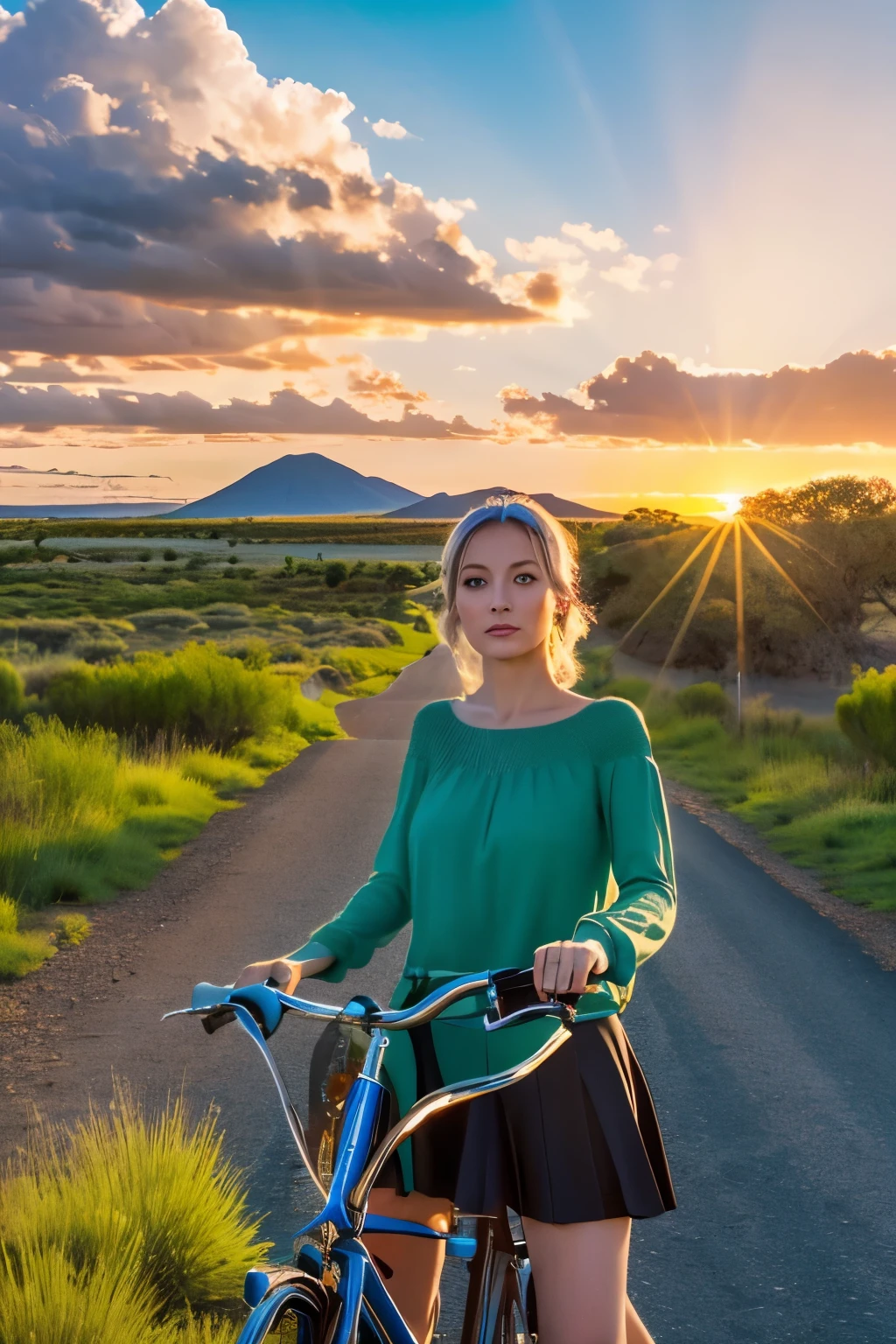 8k, highest quality, masterpiece:1.2),(highest quality:1.0),A beautiful French woman riding a bicycle、Green Eyes、Silver Hair、blue sky,Touge no Chaya、Sunset、Surreal landscape,Make the Road to Uluru