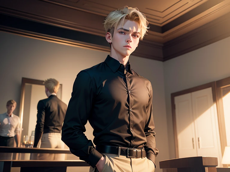 realistic, 8k image of a 15-year-old young man, blond, strong, short hair combed back, blue eyes, square chin, dressed in a black button-down blouse and black pants, standing behind a dining table, in a room dinner, night, serious expression, anime style art
