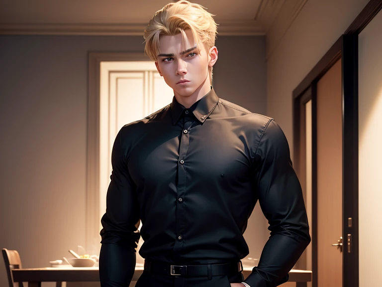 realistic, 8k image of a 15-year-old young man, blond, strong, short hair combed back, blue eyes, square chin, dressed in a black button-down blouse and black pants, standing behind a dining table, in a room dinner, night, serious expression, anime style art