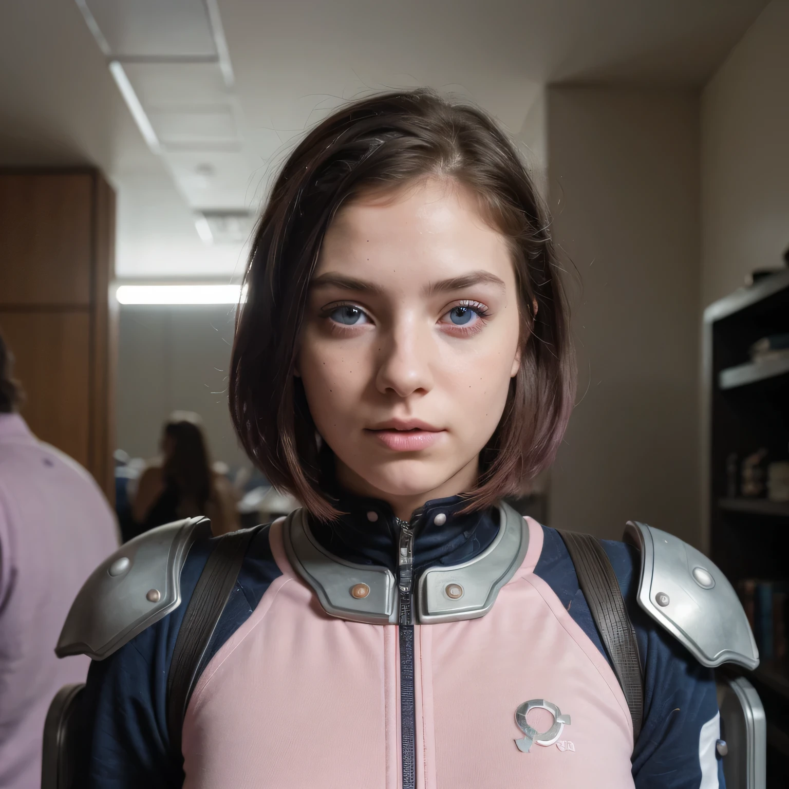 photo of a college student, Purple-Pink Gradient, futuristic space suit, (freckles:0.8) cute face, sci-fi, dystopian, detailed eyes, Heterochromia eyes((Side view))Back Room