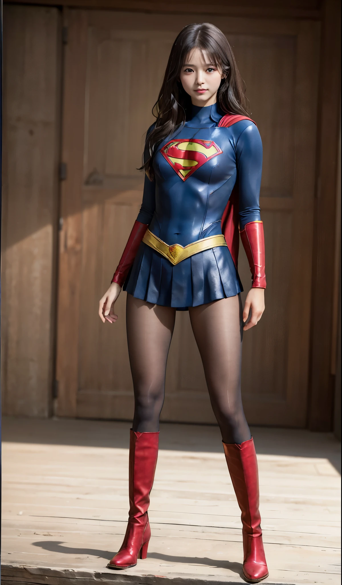 No background、(((Beautiful legs in black tights.)))、(((Legally express the beauty of your smile)))、((((Make the most of your original images)))、(((Supergirl Costume)))、(((Beautiful Hair)))、(((suffering)))、(((Please wear black tights....、Wear red boots)))、((Best image quality、8k))、((highest quality、8k、masterpiece:1.3))、(((Preserve background )))、Sharp focus:1.2、Beautiful woman with perfect figure:1.4、Slim Abs:1.2、Wet body:1.5、Highly detailed face and skin texture、8k
