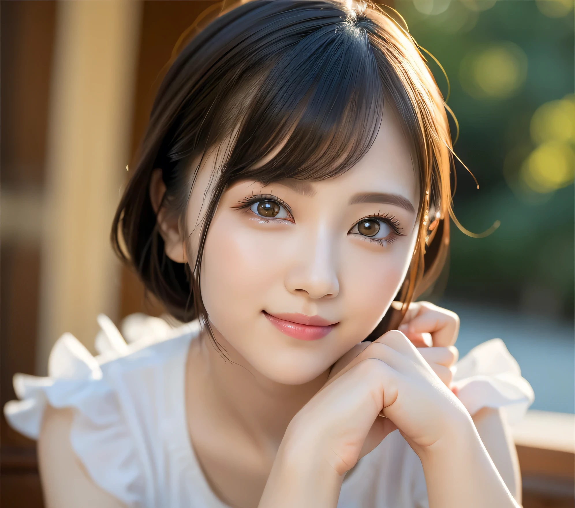 Tabletop, highest quality, profile, Very detailed, finely, High resolution, 8k wallpaper, Dynamic composition, Beautiful and detailed, Summer Fashion,Random Cute Hairstyles, Small breasts, Natural color lip, Random Idol Pose,Cute Smile,20-year-old girl、Beautiful and elaborate face、Perfect and beautiful face,Big eyes、Beautiful and elaborate face、Perfect and beautiful double eyelids、Blur the background、Perfect and beautiful face、Feminine poses、Blur the background、Slim face and figure、Blur the background、Facial Light、Bright lighting、Professional Lighting、Forward lighting、A kind smile、Model pose、