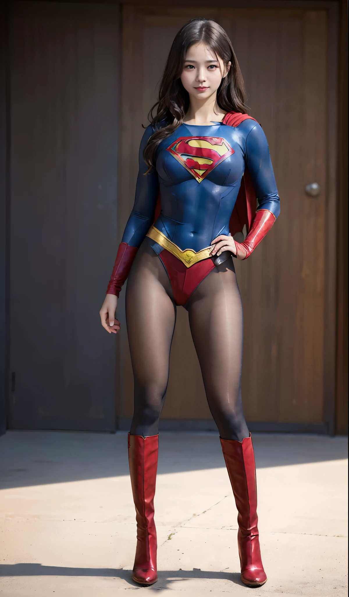 No background、(((Beautiful legs in black tights.)))、(((Legally express the beauty of your smile)))、((((Make the most of your original images)))、(((Supergirl Costume)))、(((Beautiful Hair)))、(((suffering)))、(((Please wear black tights....、Wear red boots)))、((Best image quality、8k))、((highest quality、8k、masterpiece:1.3))、(((Preserve background )))、Sharp focus:1.2、Beautiful woman with perfect figure:1.4、Slim Abs:1.2、Wet body:1.5、Highly detailed face and skin texture、8k