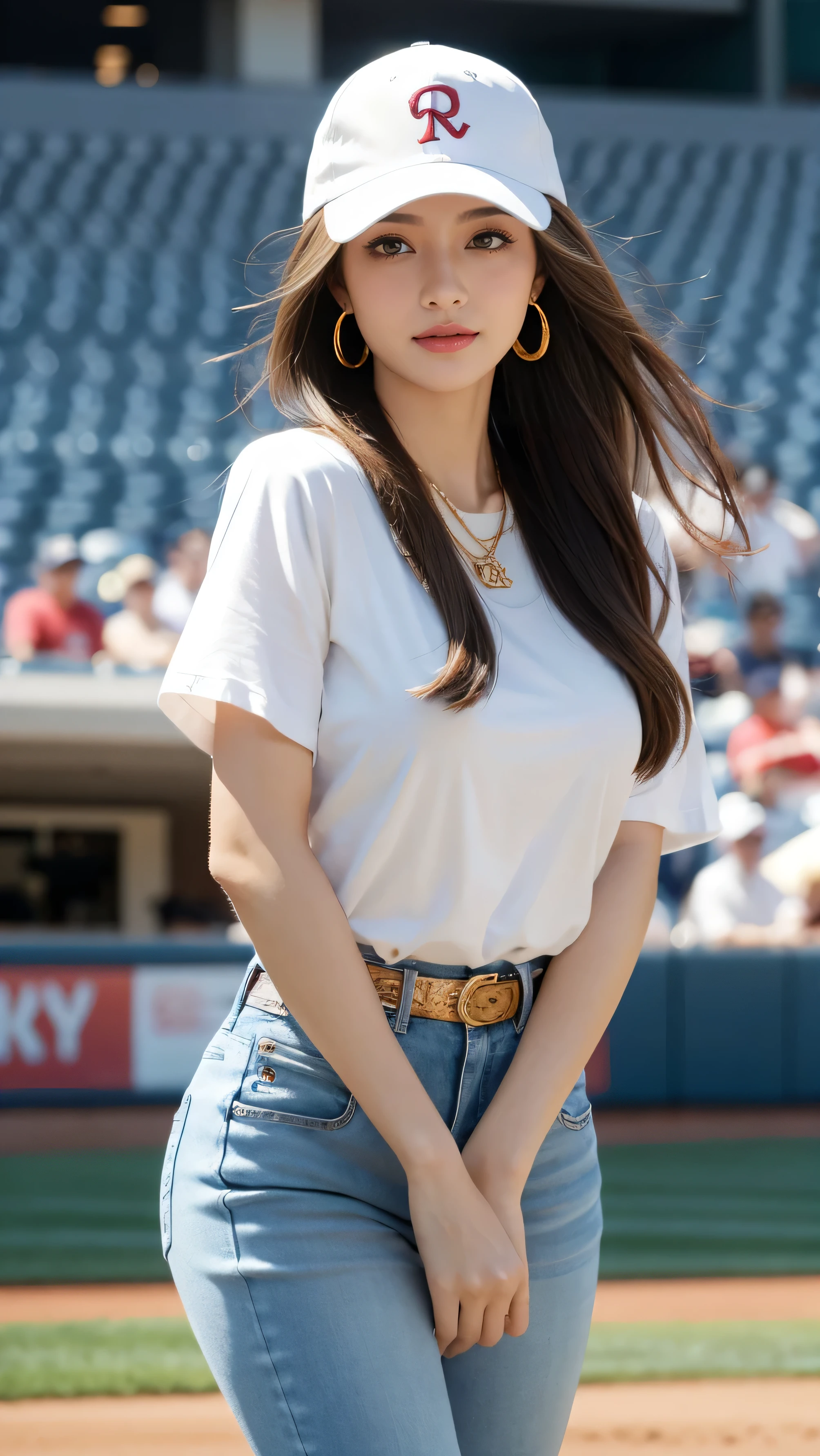 highest quality,masterpiece,Ultra-high resolution,(Actual:1.4),Original photo,Ultra-high resolution，8k，There are also women，Fair skin，Exquisite makeup，White high heels，Long legs，Bright and beautiful、Loosely inward wavy hair,Extra long brown hair_Hair reaching down to the waist,A shy smile、gold luxury necklace＿Large earrings,White short-sleeved T-shirt、jeans、Western Boots、Baseball cap、At the baseball stadium,Standing gracefully、Many customers in the background