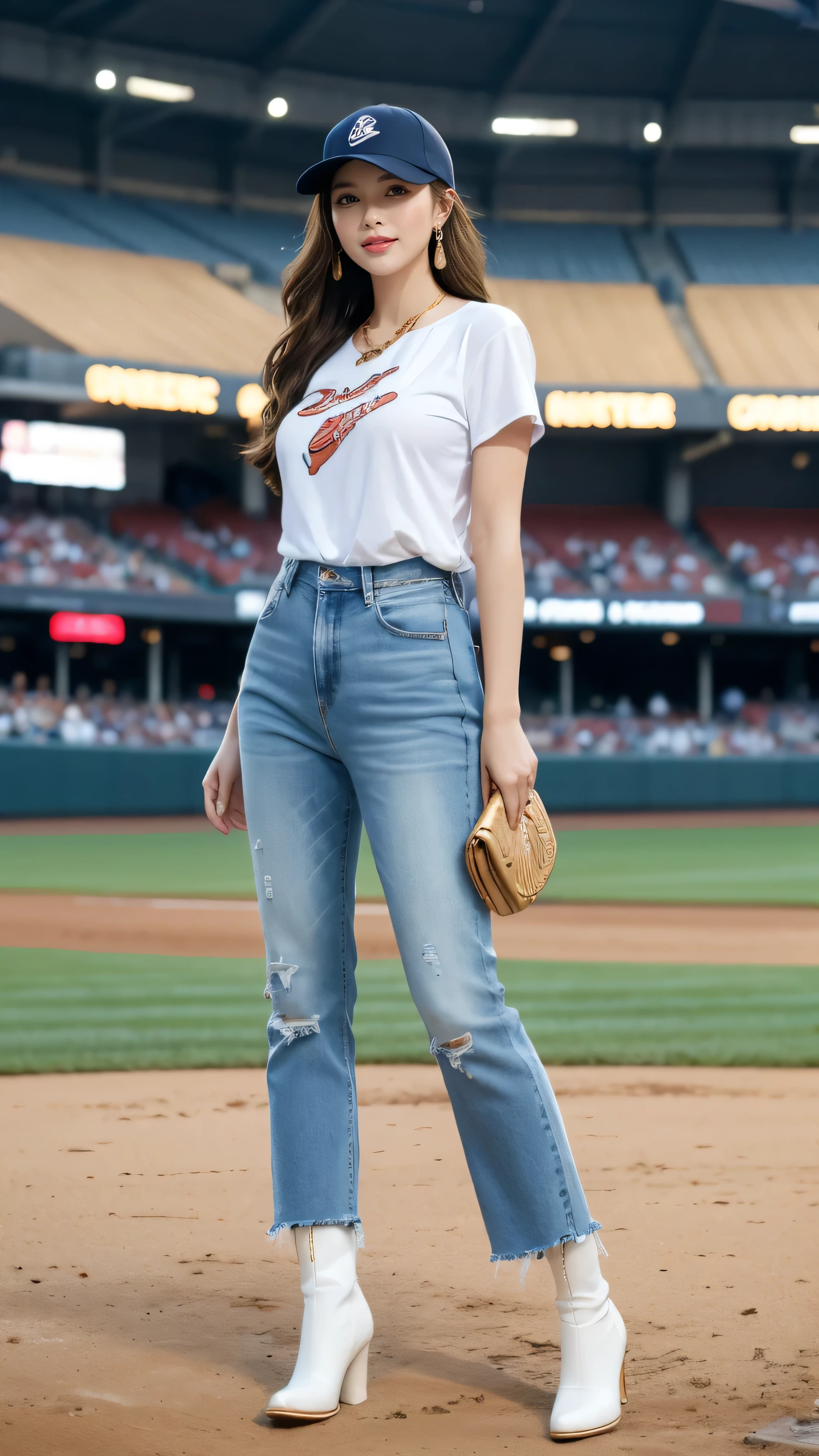highest quality,masterpiece,Ultra-high resolution,(Actual:1.4),Original photo,Ultra-high resolution,8k,There are also women,Fair skin,Exquisite makeup,White high heels,Long legs,Bright and beautiful、Loosely inward wavy hair,Extra long brown hair_Hair reaching down to the waist,A shy smile、gold luxury necklace_Large earrings,White short-sleeved T-shirt、jeans、Western Boots、Baseball cap、At the baseball stadium,Standing gracefully、Many customers in the background