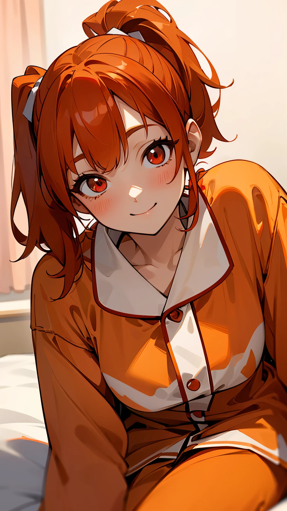 18-year-old girl sitting on bed, Wearing pajamas、Orange Hair、Red Eyes、Side Ponytail、smile、smile、The soft texture of pajamas、Face close-up、Red and white based colors