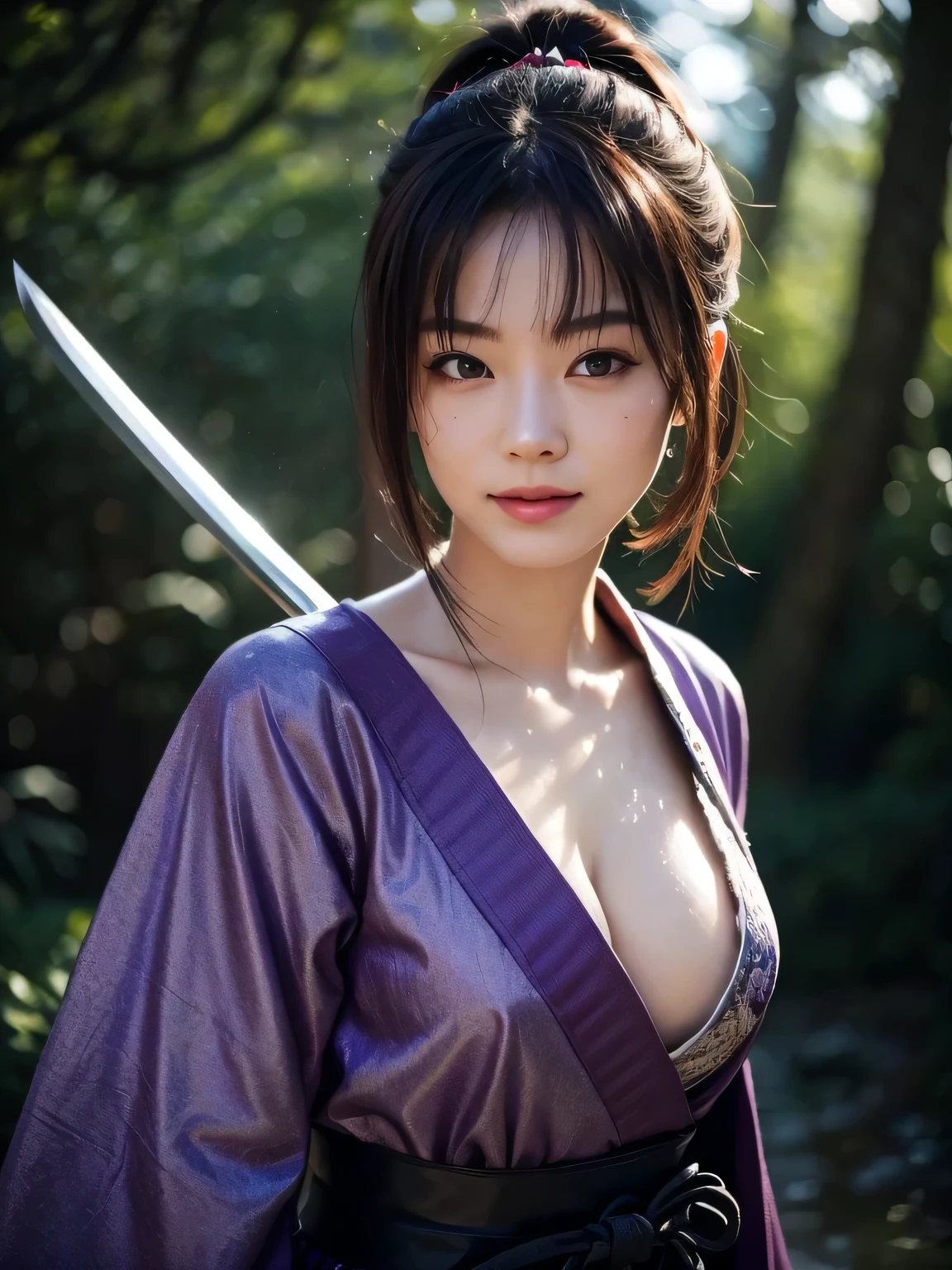 Raw photo, 8K portrait, authentic, masterpiece, highest quality, highly detailed, highly saturated, Japanese female ninja. She is flying through the dense forest. She is staring ahead with a sharp gaze. It is raining. The ground is wet and there are puddles here and there. Samurai girl, slender body, one girl, weapon, sword, medium bob, one hand holding sword, sword grip, arm guard, looking at the camera and smiling, hair up, floating hair, beautiful 25 year old Japanese woman, pale skin, double eyelids, wearing black and purple ninja clothing, kimono, Hanfu, combat, ninja silhouette, plump cleavage, action packed, forest background, intricate facial details, intricate handcrafted details