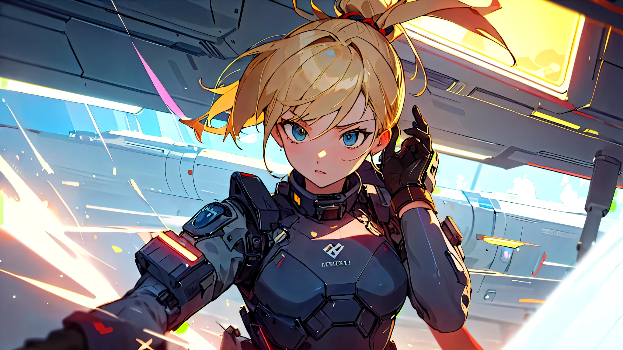 2d anime style, a female military preparing for a new mission, latex outfit for espionage, blonde hair tied in a ponytail, there is a futuristic military base in the background, artificial lighting, high definition, high quality, intricate details, dynamic composition
