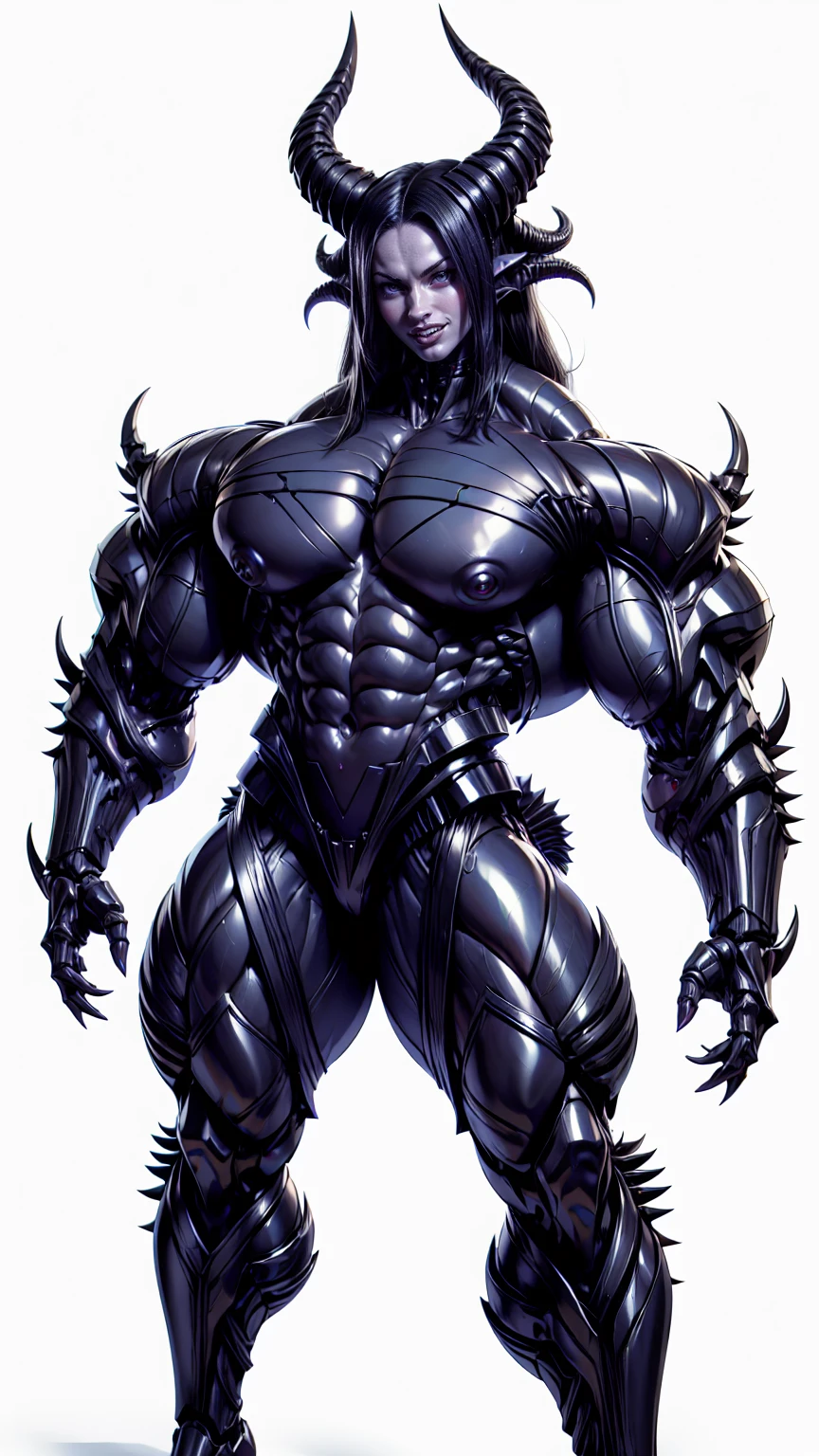 (draconic alien biomechanical succubus with carnage & witchblade physique:1.5), (megan fox as a muscular alien draconic biomechanical demonic woman with flayed skin, gigantic horns, & necrotic metallic muscle:1.5), (witchblade muscular anatomy:1.25), (perfect fingers:1.25), ((wide shoulders & upper body:1.25)), (very skinny legs:1), (huge muscular arms:1.25), (ten pack abs:1.25), (full body view:1.25), choker, detailed eyes, (looking at viewer), (smile:1.25), (blank dark background:1.25), in the art style of H.P. Giger, (beautiful girl face:1.25)
