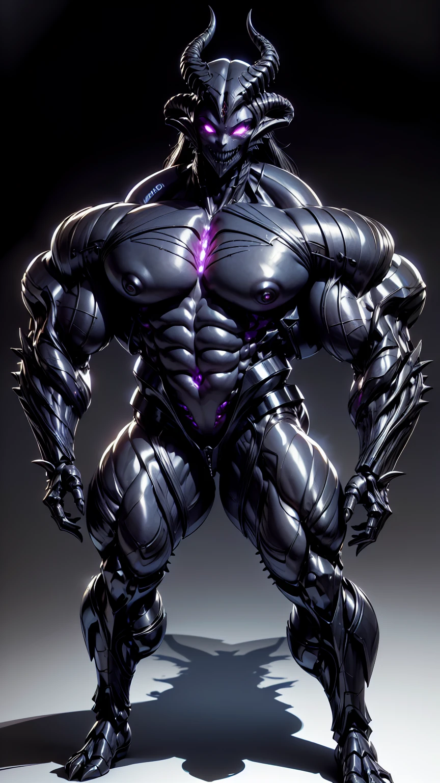 (draconic alien biomechanical succubus with carnage & witchblade physique:1.5), (megan fox as a muscular alien draconic biomechanical demonic woman with flayed skin, gigantic horns, & necrotic metallic muscle:1.5), (witchblade muscular anatomy:1.25), (perfect fingers:1.25), ((wide shoulders & upper body:1.25)), (very skinny legs:1), (huge muscular arms:1.25), (ten pack abs:1.25), (full body view:1.25), choker, detailed eyes, (looking at viewer), (smile:1.25), (blank dark background:1.25), in the art style of H.P. Giger, (beautiful girl face:1.25)