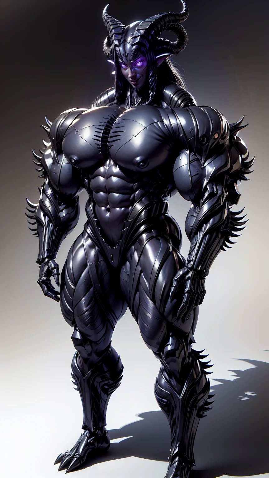 (draconic alien biomechanical succubus with carnage & witchblade physique:1.5), (megan fox as a muscular alien draconic biomechanical demonic woman with flayed skin, gigantic horns, & necrotic metallic muscle:1.5), (witchblade muscular anatomy:1.25), (perfect fingers:1.25), ((wide shoulders & upper body:1.25)), (very skinny legs:1), (huge muscular arms:1.25), (ten pack abs:1.25), (full body view:1.25), choker, detailed eyes, (looking at viewer), (smile:1.25), (blank dark background:1.25), in the art style of H.P. Giger, (beautiful girl face:1.25)