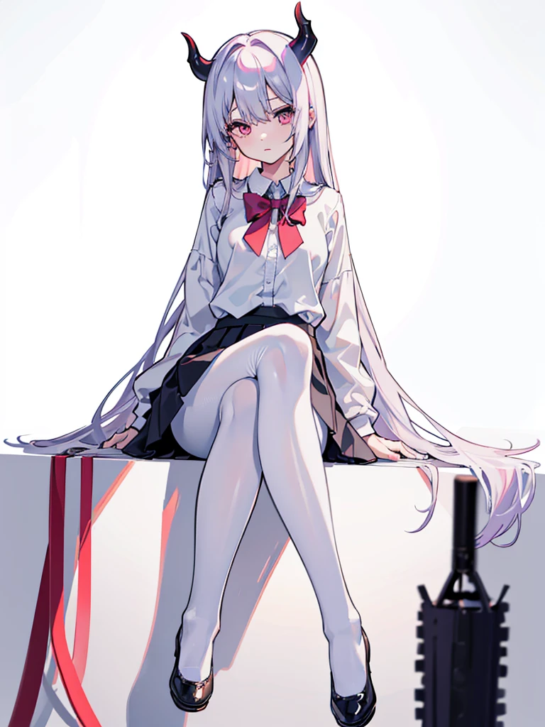 demon，头上长角的demon，ultra Practical 8k cg, picture-Perfect face, Flawless, Clean, masterpiece, Professional artwork, Famous Artworks, Perfect face, Pretty Face, beautiful Eye, ((Perfect body)), Solitary,(Immersive atmosphere, Chiaroscuro:1.5,Bright light:1.2,Luminous lighting),(blush:0.5),Extremely detailed_Eye,Beautiful and detailed background,Depth of Field,Practical:1.3, Long Shot,1 Girl,shirt,Pleated Skirt, , sitting, whole body, (Ambient Light:1.3),(Film composition:1.3),(Neon:0.1),(HDR:0.1),Accent Lighting, White pantyhose,Cotton socks，shoe