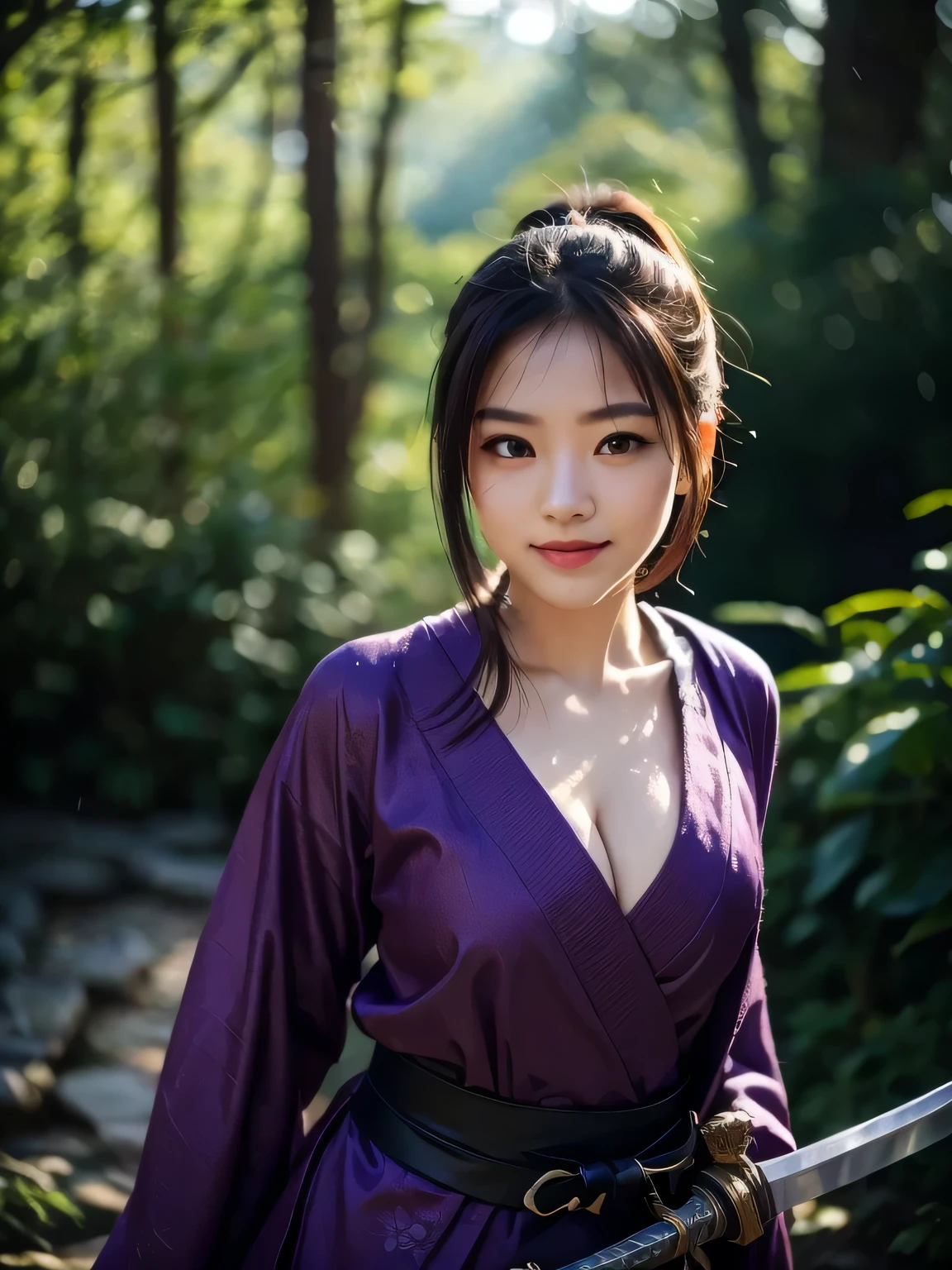 Raw photo, 8K portrait, authentic, masterpiece, best quality, highly detailed, Japanese female ninja. She is flying through the dense forest. She is staring ahead with her sharp eyes. It is raining. The ground is wet and there are puddles here and there. Samurai girl, slim body, one girl, weapon, sword, medium length, ponytail, one hand holding sword, sword grip, arm guard, looking at the camera and smiling, hair up, floating hair, beautiful 25 year old Japanese woman, wearing black and purple ninja outfit, kimono, combat, ninja silhouette, plump cleavage, action packed, forest background, intricate facial details, intricate handcrafted details