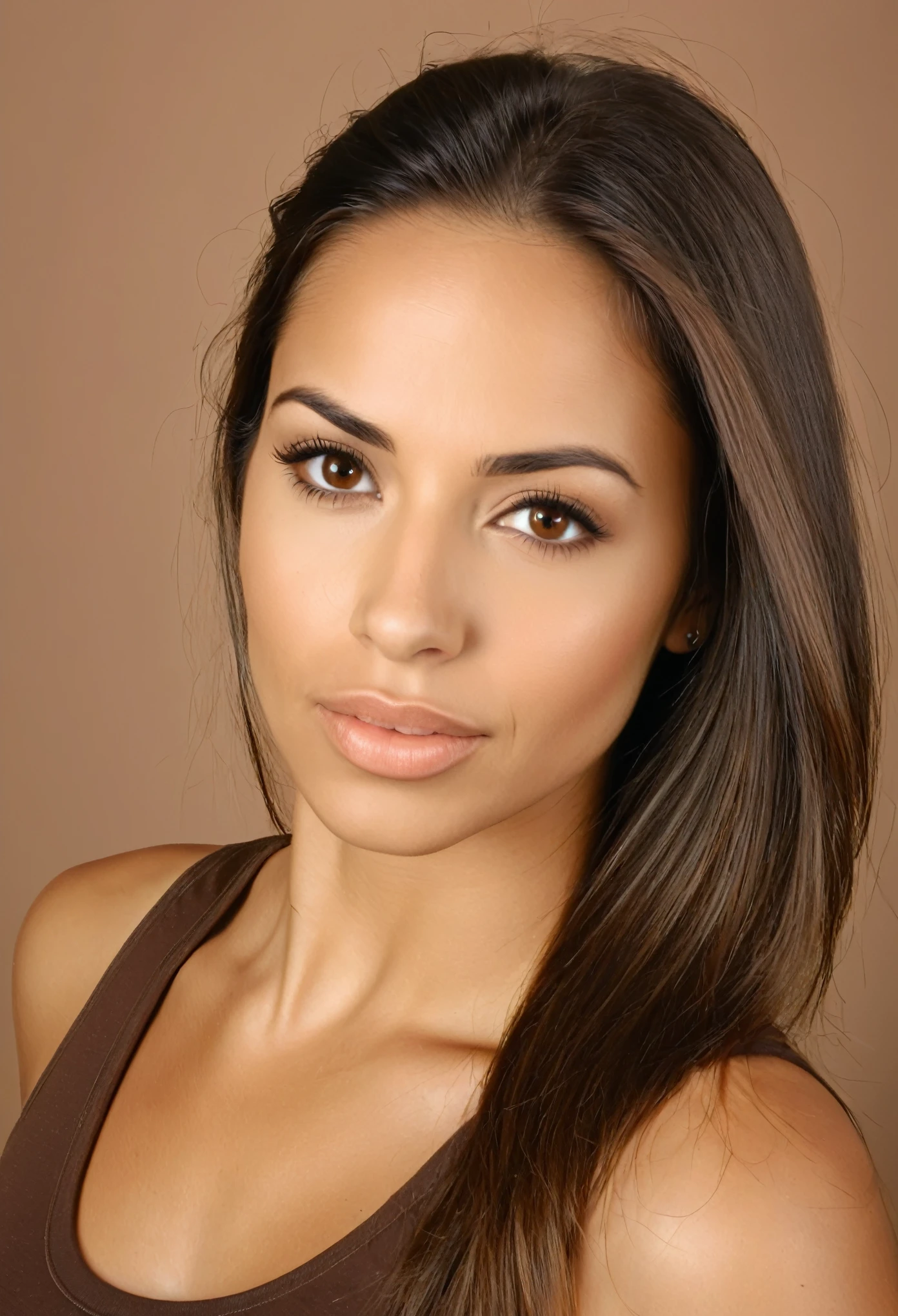 woman with a brown tank top and a brown shirt, perfect face ), perfect face!!!, gorgeous attractive face, gorgeous latina face, beautiful perfect face, beautiful facial features, perfect face and eyes, perfect face, perfect face!!, extremely beautiful face, looking down on the camera, gorgeous face, perfect facial features, close-up perfect face