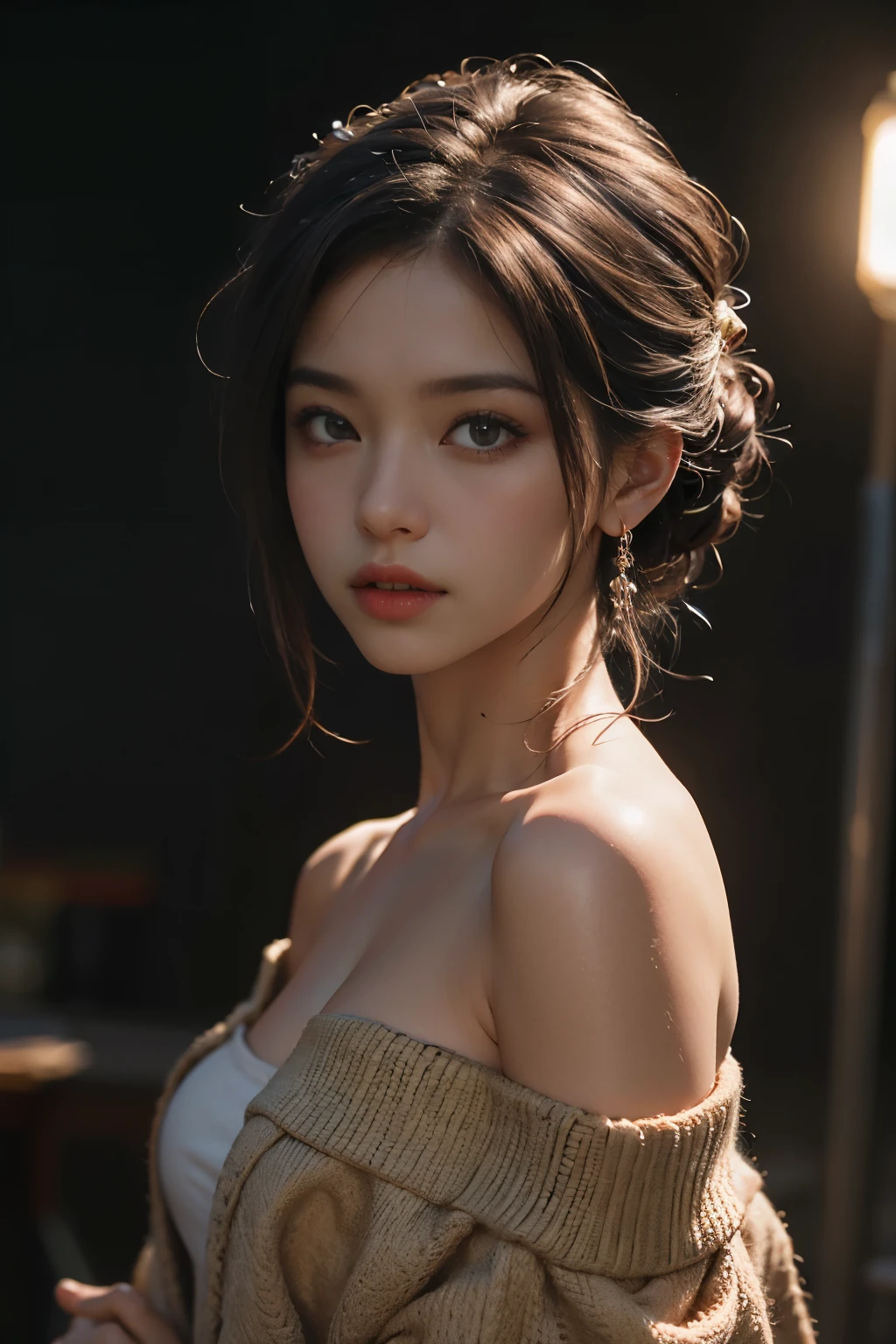 Best quality, masterpiece, ultra high res, (photorealistic:1.4), raw photo, 1girl, off shoulder, cinematic lighting