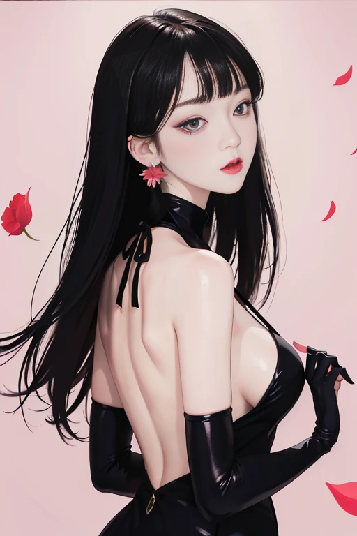 tsuruta ichiro, Narrow-eyed, 1girl in, Allback、deadpan、short-hair、shorth hair、brow、Reluctance、A dark-haired、Tucked Hair Solo, Cowgirl, Onepiece, ((mideum breasts)), Thin slit eyes、Black eyes, Light shines on the eyes、Black hair, gloves, Dress, Luxurious Jewelry, earrings, sharp eye、 elbow groves,Raise your hands and tie your hair back, random color, random color dress, Makeup for long eyes, Slender eyes、lip stick, Complex petal pattern, Rim Light, Back Light, pastel color,Studio Lighting