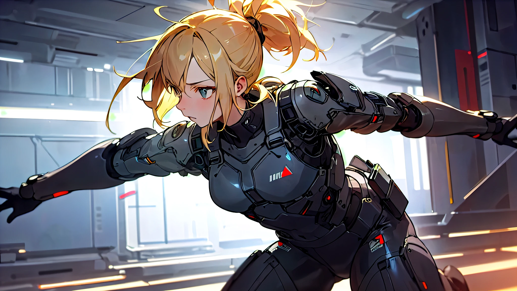 2d anime style, a female military preparing for a new mission, latex outfit for espionage, blonde hair tied in a ponytail, there is a futuristic military base in the background, artificial lighting, high definition, high quality, intricate details, dynamic composition