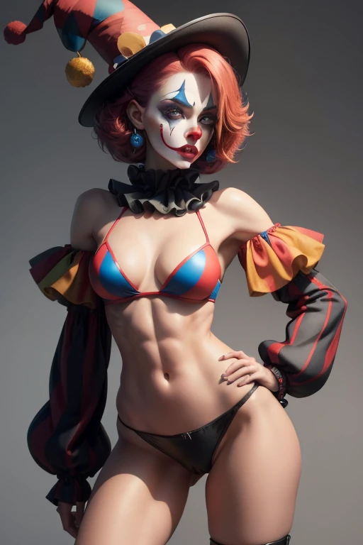 A full body photo shows a woman, harlequin hat, clown makeup, red clown nose, blue eyes, muscular body, clown,🤡,small shoulder, slim waist, wide hips, thick legs wearing a leather puffy top and black panties, back view