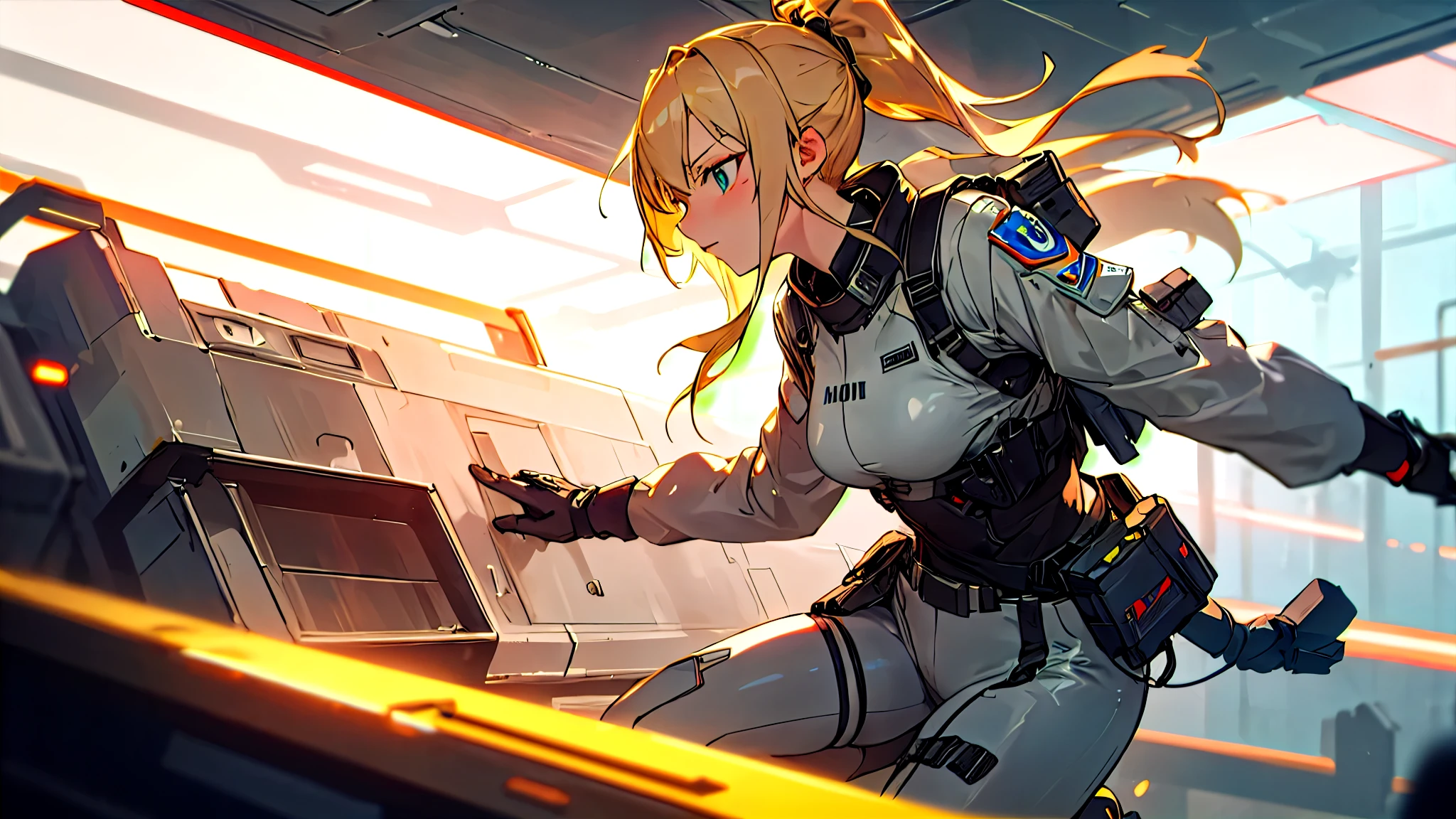 2d anime style, a female military preparing for a new mission, latex outfit for espionage, blonde hair tied in a ponytail, there is a futuristic military base in the background, artificial lighting, high definition, high quality, intricate details, dynamic composition