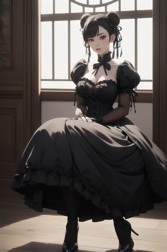 (vivid colors,ultra-detailed),(best quality,realistic:1.37)chun li as a Victorian goth girl in a dark Victorian era backdrop, full body, reimagined