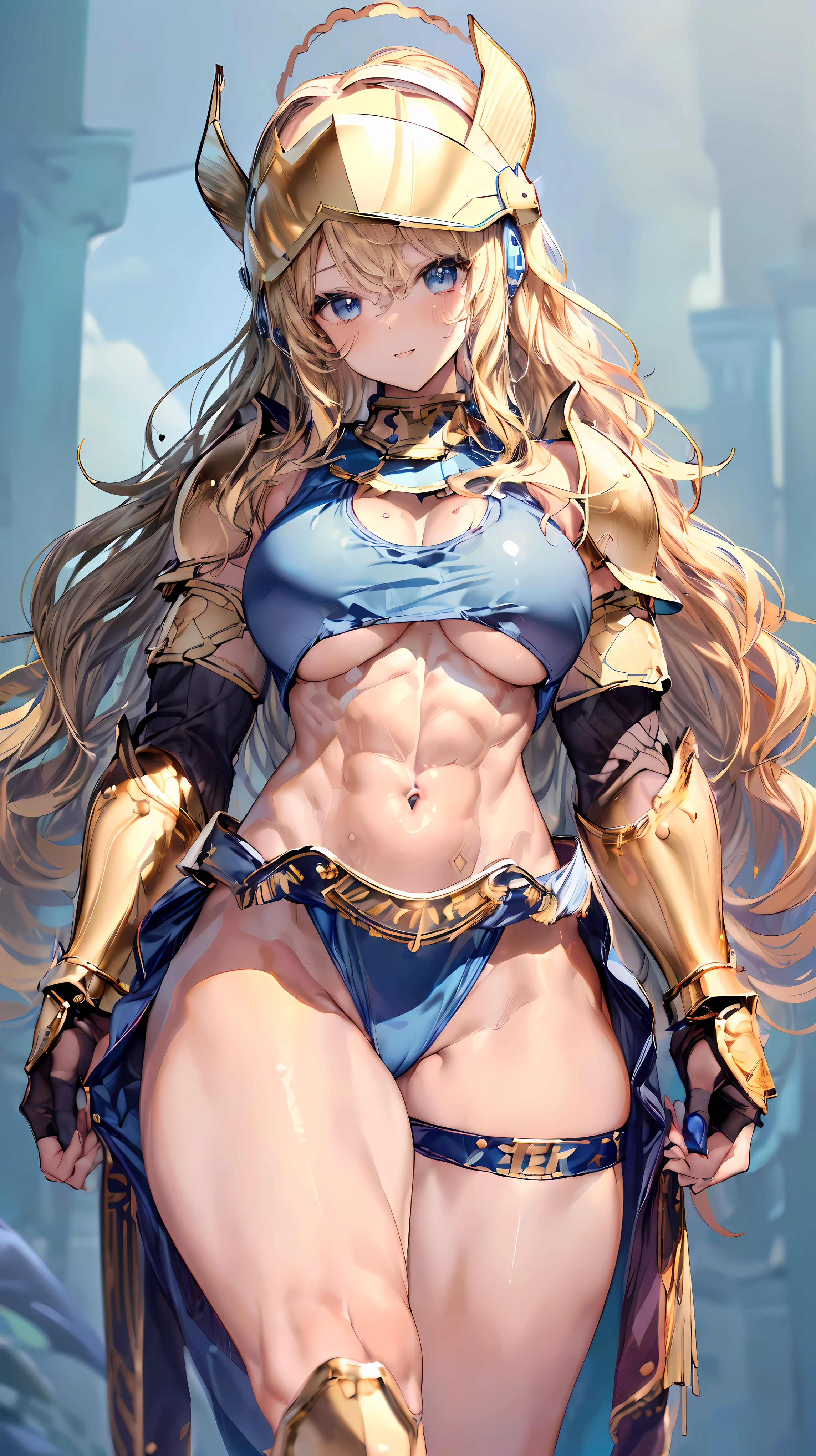 (Adult women:1.5)、Very detailed、highest quality、Best image quality、masterpiece、8k、Anime Face、A kind smile、Open your mouth、Sparkling blue eyes、(Blonde Wavy Hair:1.5)、、Muscles of the whole body、T-back thong、Thigh belt、(Wearing gold bikini armor:1.5)、(Cowboy Shot:1.5)、(Leg armor:1.5)、(Wearing a helmet:1.5)