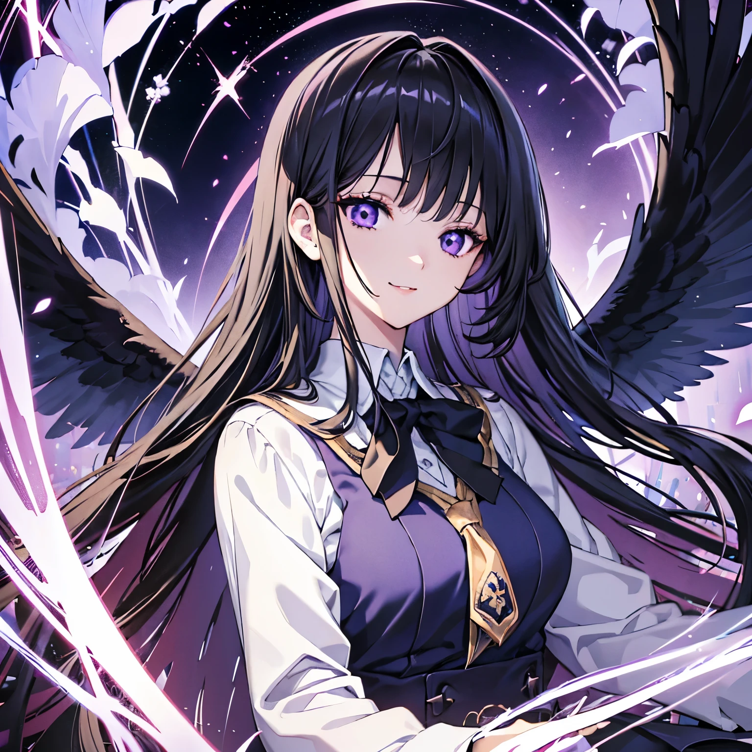 Masterpiece, top quality anime illustration, super detailed, one girl, solo focus, beautiful girl, has black wings, eyes glowing purple eyes, black hair, long hair , school girl, wearing a , pretty , a bit of long not too long face, while grinning, 