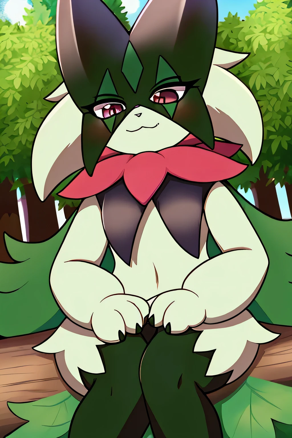 Masterpiece, The best quality, the highest picture quality, Detailed, Meowscarada, Pokémon, short snout, detailed eyes, tree bushes background, day, female, solo, sarcastic smile, sitting on a log with leaves, looking down