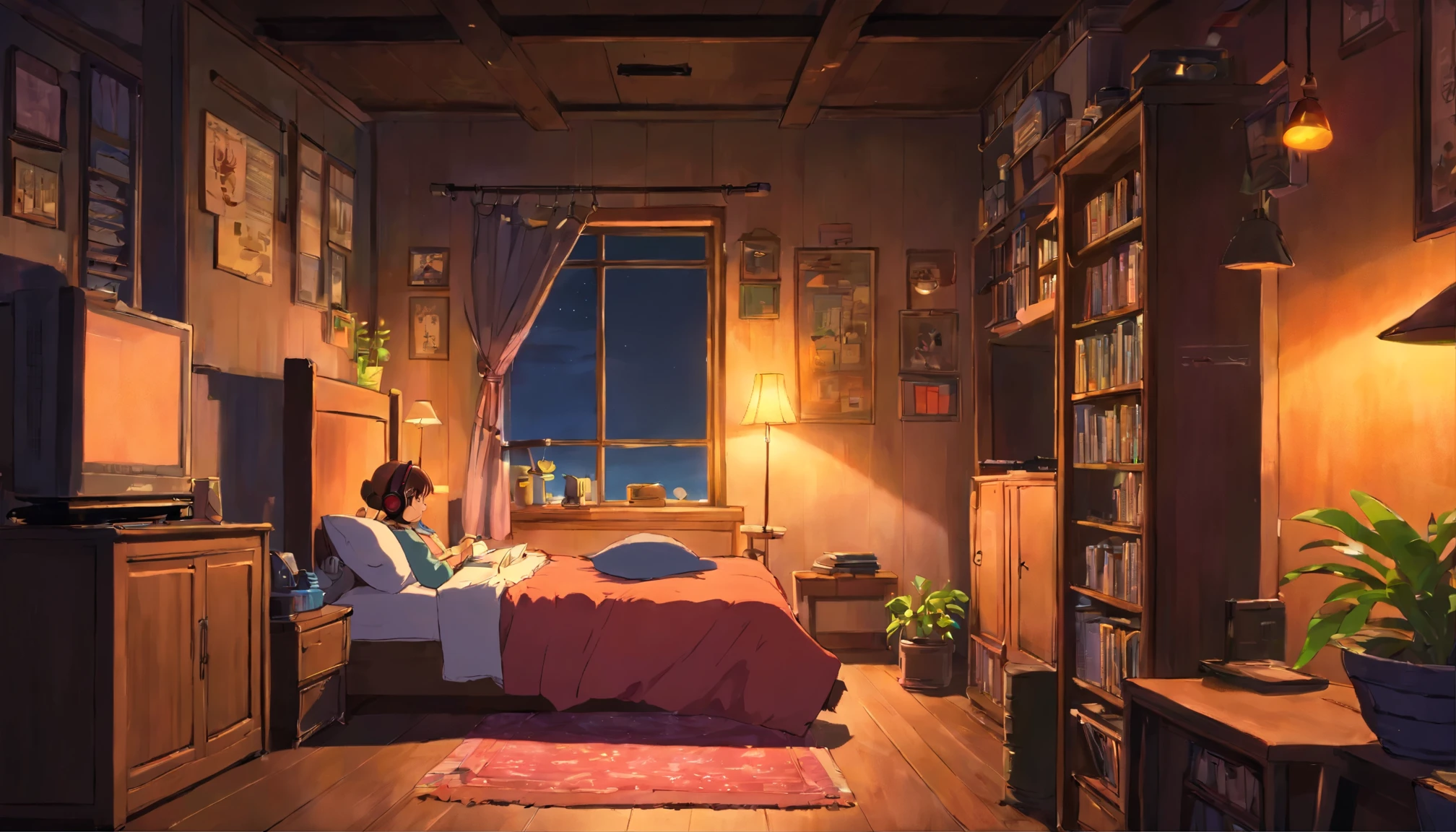 night、Girl listening to music in a cozy room, Using headphones, Anime-style 2D, Lo-Fi, hard disk, Dark Environment,Large windows