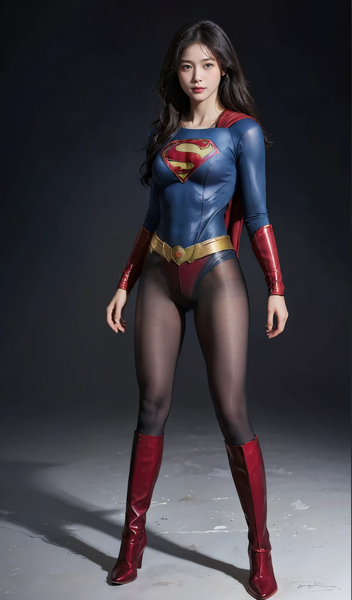 No background、(((Beautiful legs in black tights.)))、(((Legally express the beauty of your smile)))、((((Make the most of your original images)))、(((Supergirl Costume)))、(((Beautiful Hair)))、(((suffering)))、(((Please wear black tights....、Wear red boots)))、((Best image quality、8k))、((highest quality、8k、masterpiece:1.3))、(((Preserve background )))、Sharp focus:1.2、Beautiful woman with perfect figure:1.4、Slim Abs:1.2、Wet body:1.5、Highly detailed face and skin texture、8k