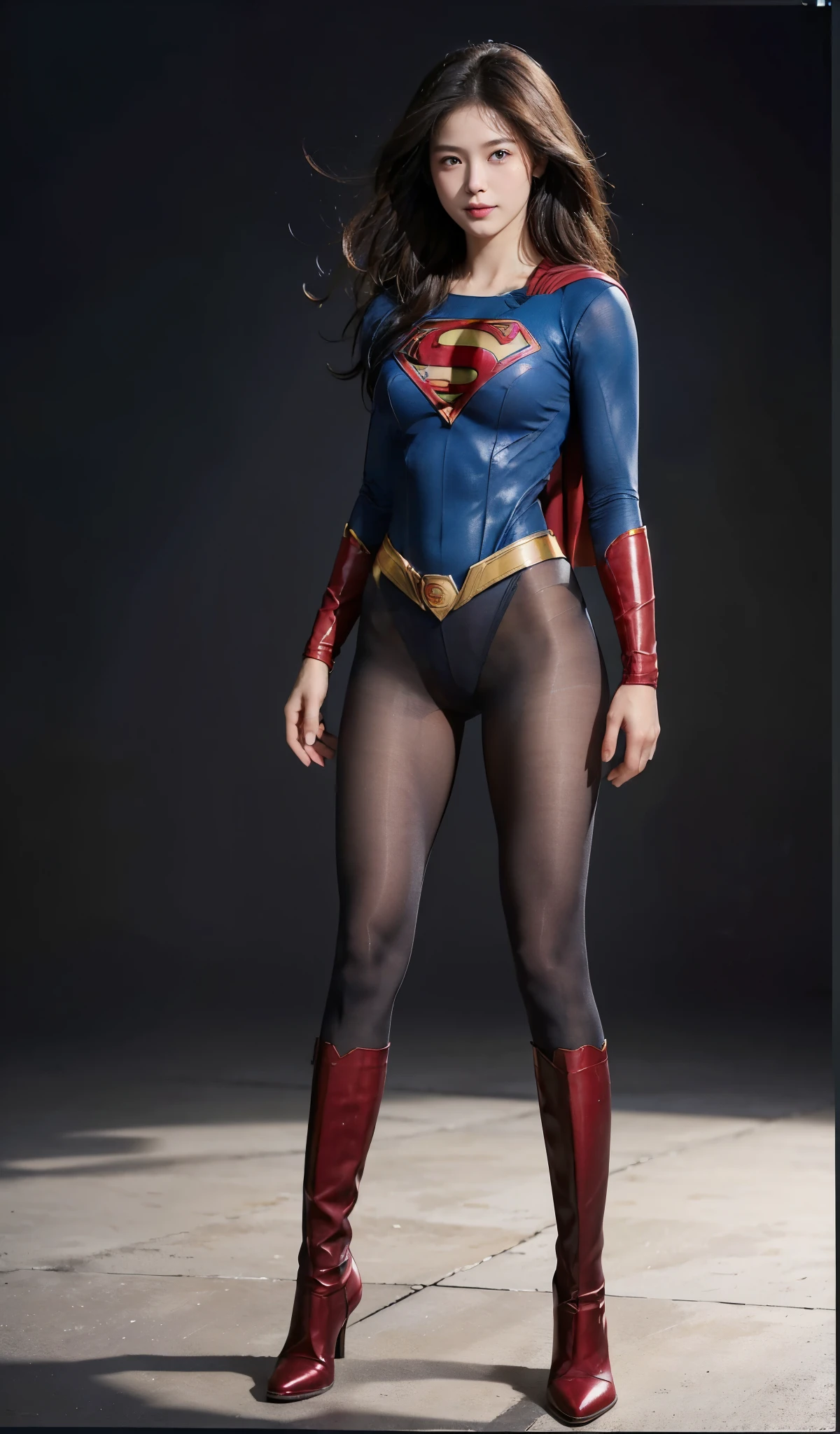 No background、(((Beautiful legs in black tights.)))、(((Legally express the beauty of your smile)))、((((Make the most of your original images)))、(((Supergirl Costume)))、(((Beautiful Hair)))、(((suffering)))、(((Please wear black tights....、Wear red boots)))、((Best image quality、8k))、((highest quality、8k、masterpiece:1.3))、(((Preserve background )))、Sharp focus:1.2、Beautiful woman with perfect figure:1.4、Slim Abs:1.2、Wet body:1.5、Highly detailed face and skin texture、8k